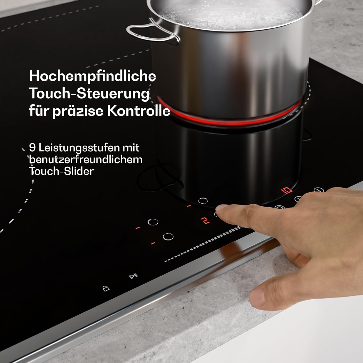 Klarstein Verosteel Glaskeramikkochfeld - 60 cm, 4 Zonen, Touch-Slider, 6600 W, Ovale & Dual-Kochzonen, Timer, Kindersicherung, Restwärmeanzeige, Einbau Elektro Kochfeld