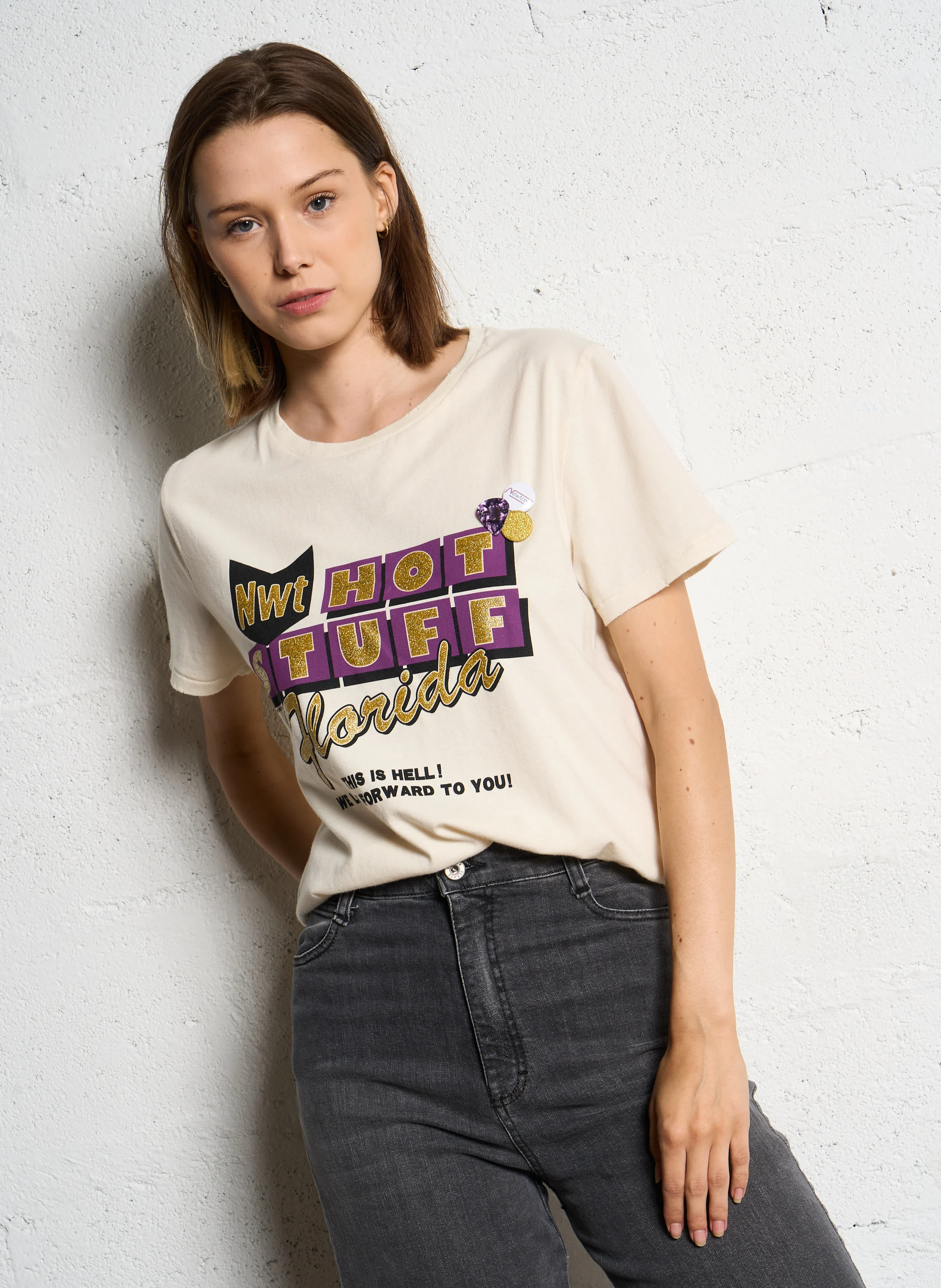 STARLIGHT STUFF - Tee-shirt droit col rond sérigraphié en coton | Beige