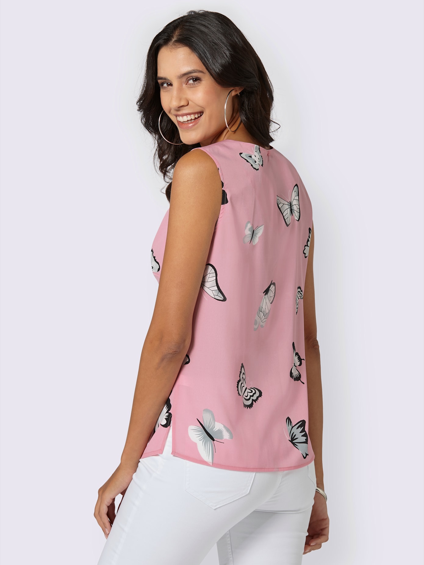 Blouse fluide sans manches imprimé col rond avec plis décoratifs