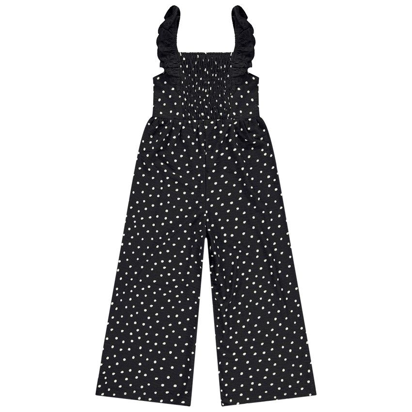 Combinaison longue imprimé pois et effet smock pour fille - Noir