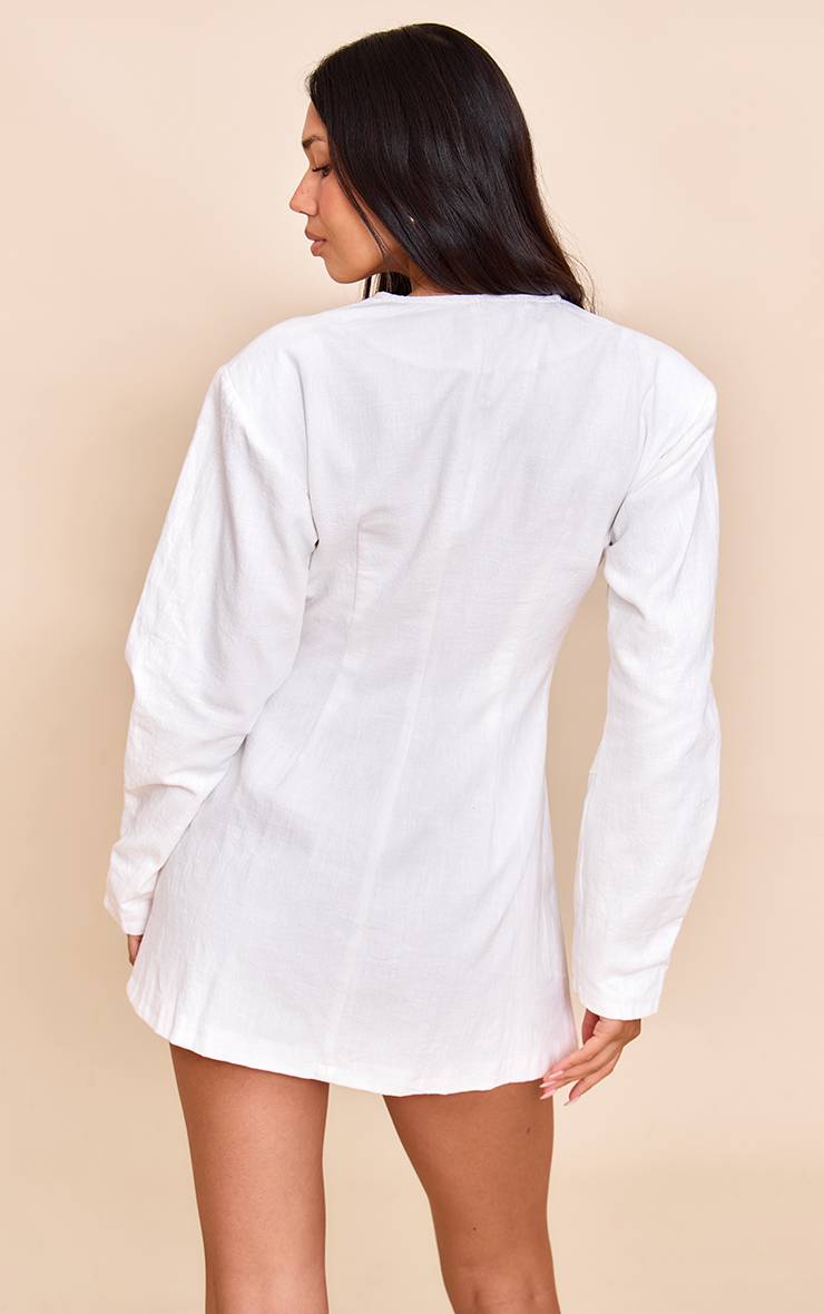 Blanc Robe Courte En Lin Premium À Taille Cintrée Et Manches Cocon