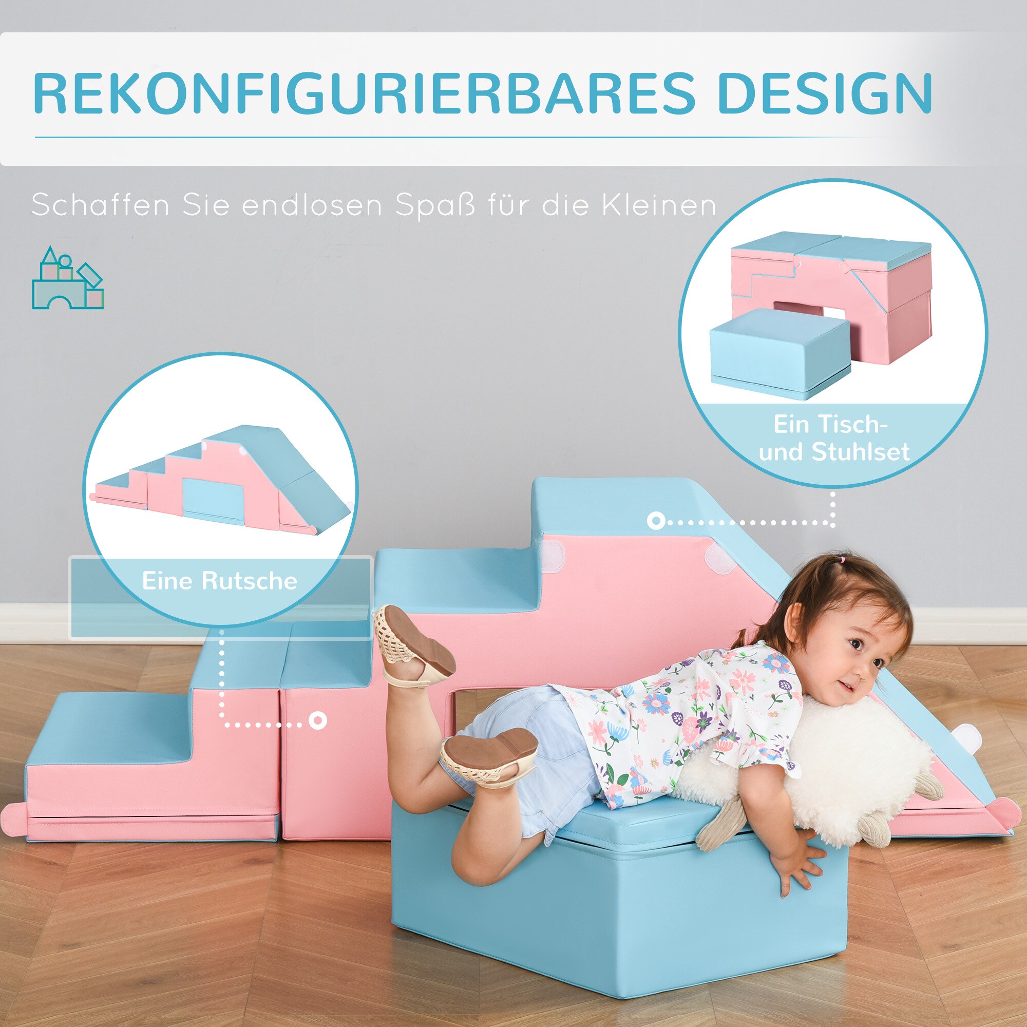 HOMCOM Bausteine Baustein-Set, Spiel-Set Schaumstoff Rosa, Blau 147 x 49 x 47 cm