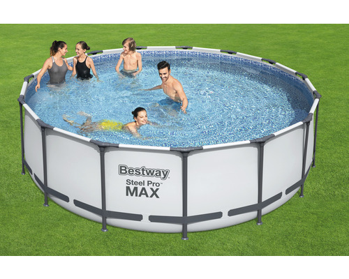 Opzetzwembadframe zwembadset Bestway Steel Pro MAX™ rond Ø 457x122 cm incl. zandfiltersysteem, ladder & afdekking lichtgrijs