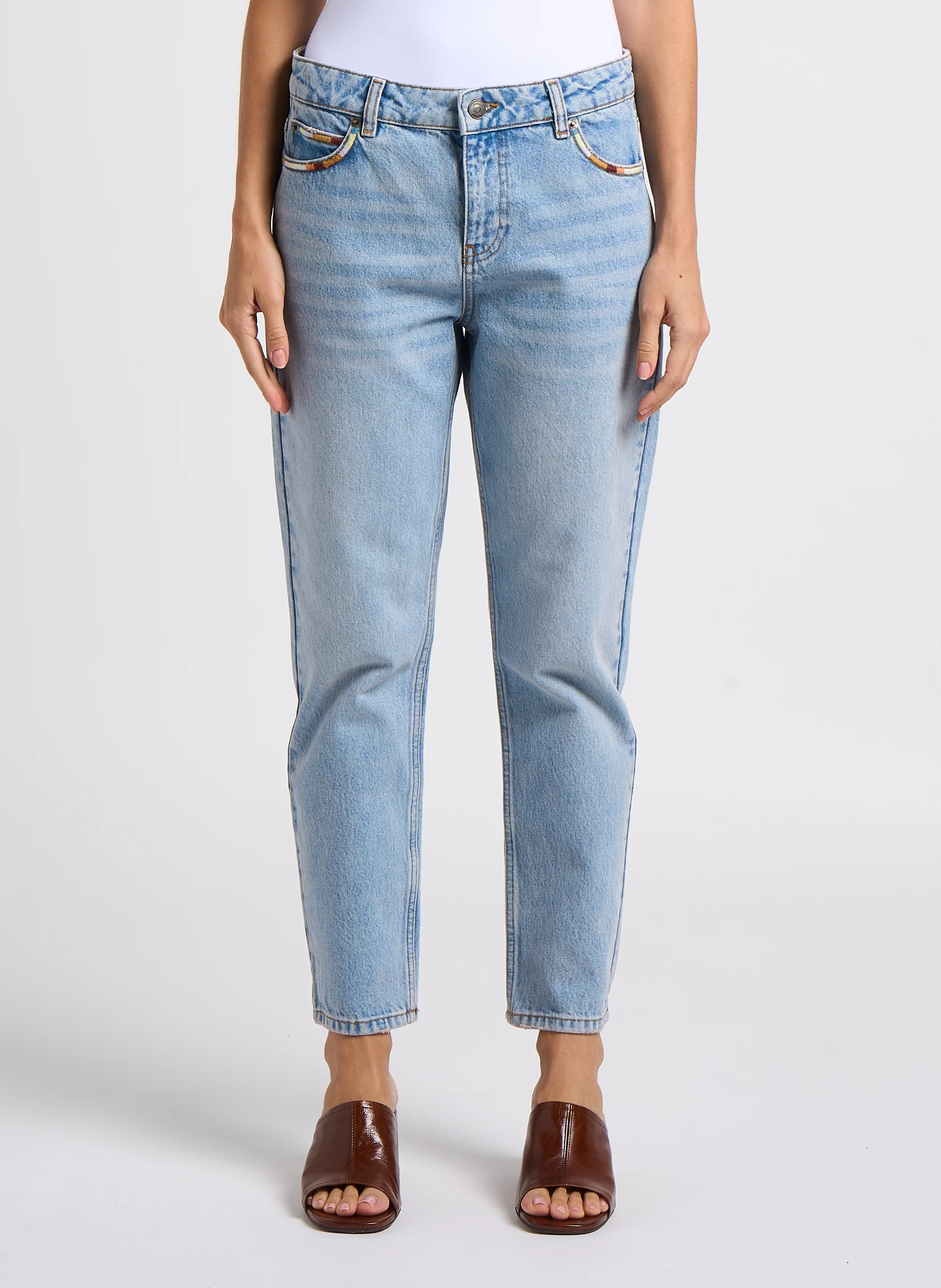 FULL - Jean mom brodé en coton| Bleu