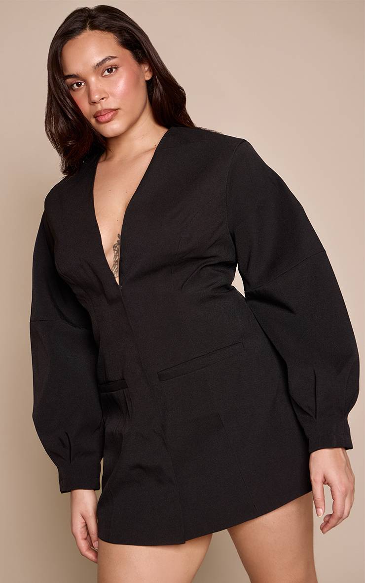 Noir Robe Blazer À Manches Ballon Grande Taille