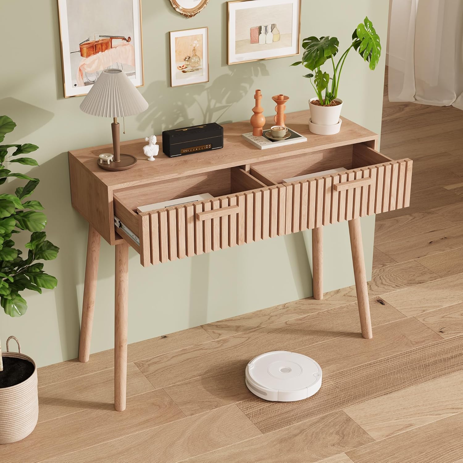Konsolentisch aus Holz mit Schublade, Wohnzimmerkonsole aus Rattan, Design Geflecht, Boho-Stil, Schminktisch aus Holz, für Schlafzimmer, Flur, Eingang, Wohnzimmer, Natur