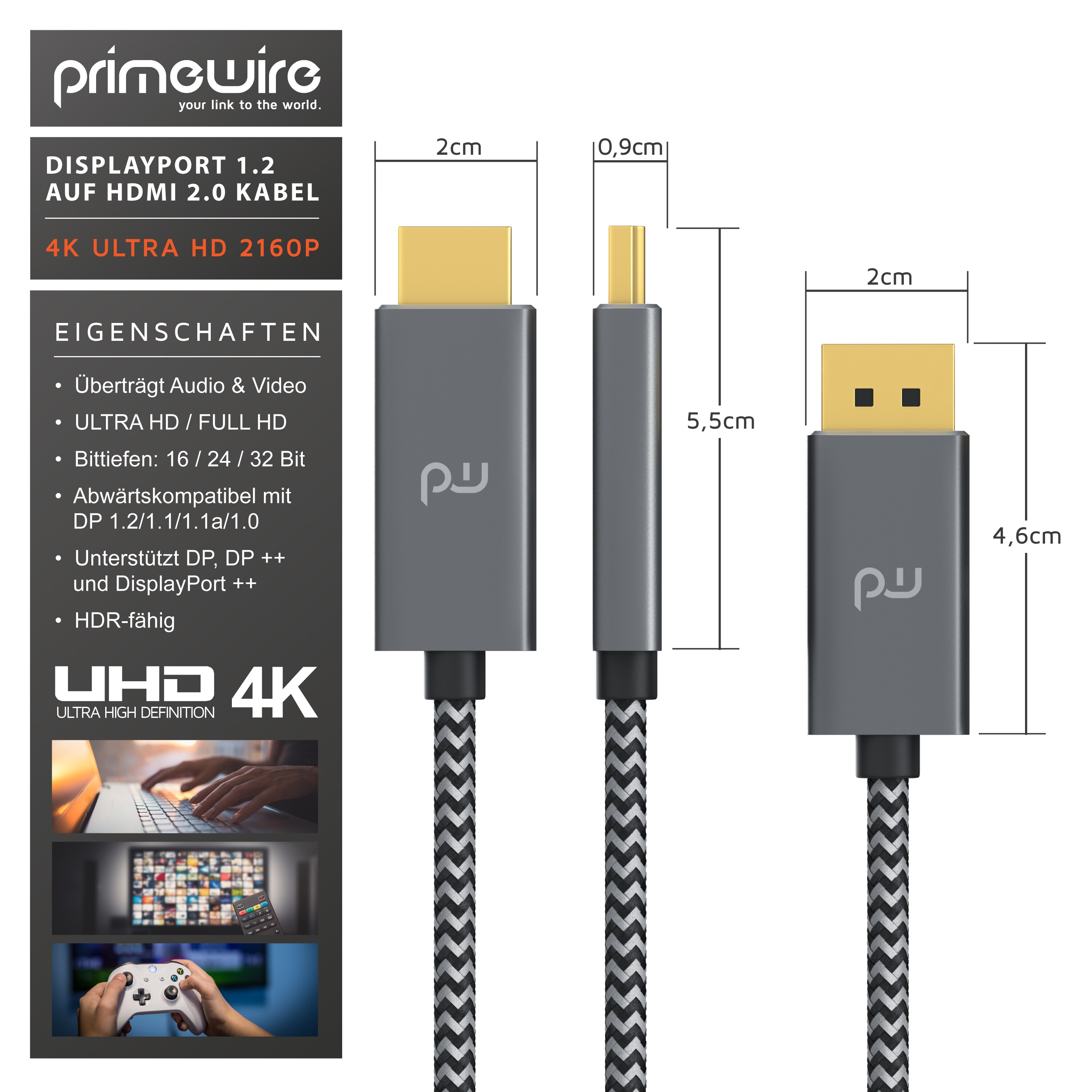 Primewire DP 1.2 zu HDMI 2.0 Adapterkabel 4k - UHD 3840 x 2160 @ 60 Hz - 2m