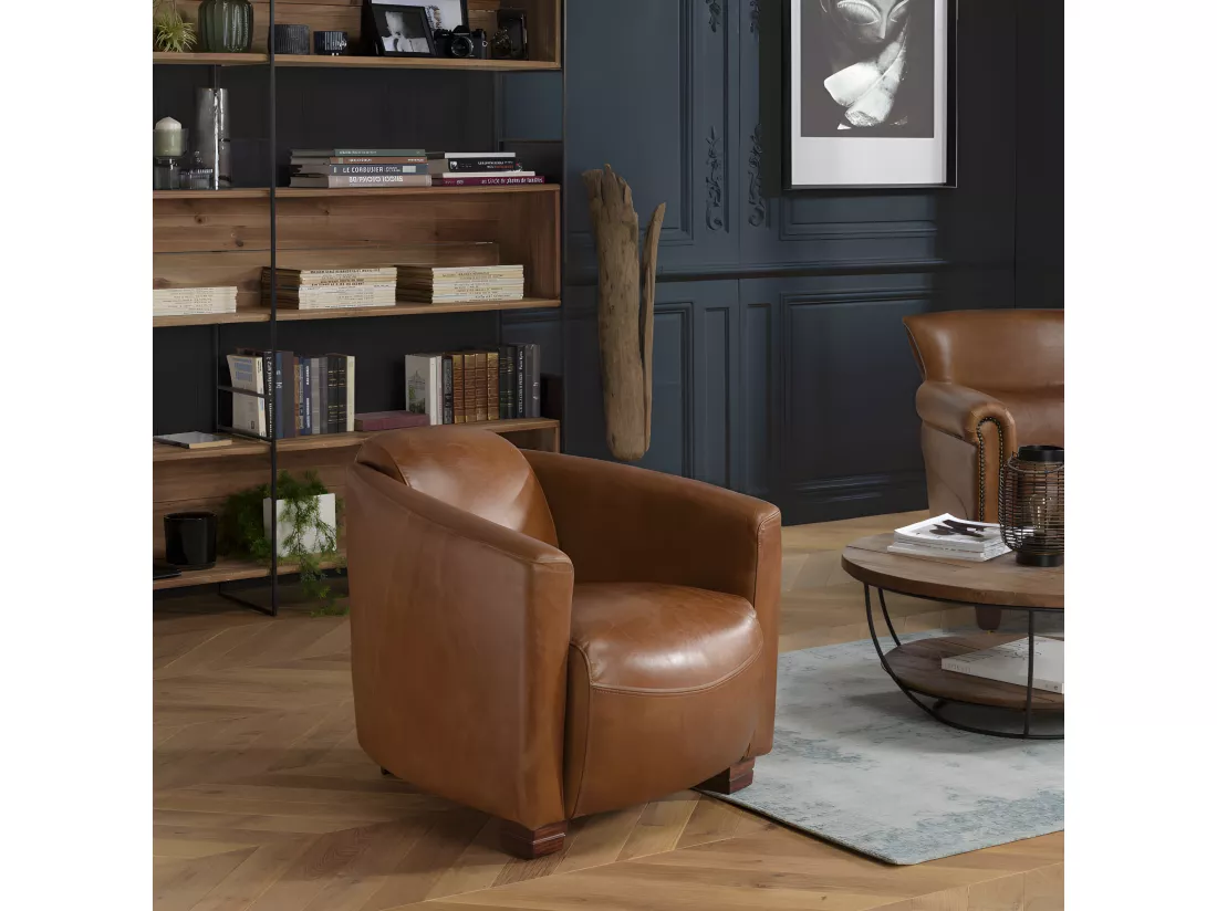 GASTON - Fauteuil marron CHICAGO vintage cuir pieds bois