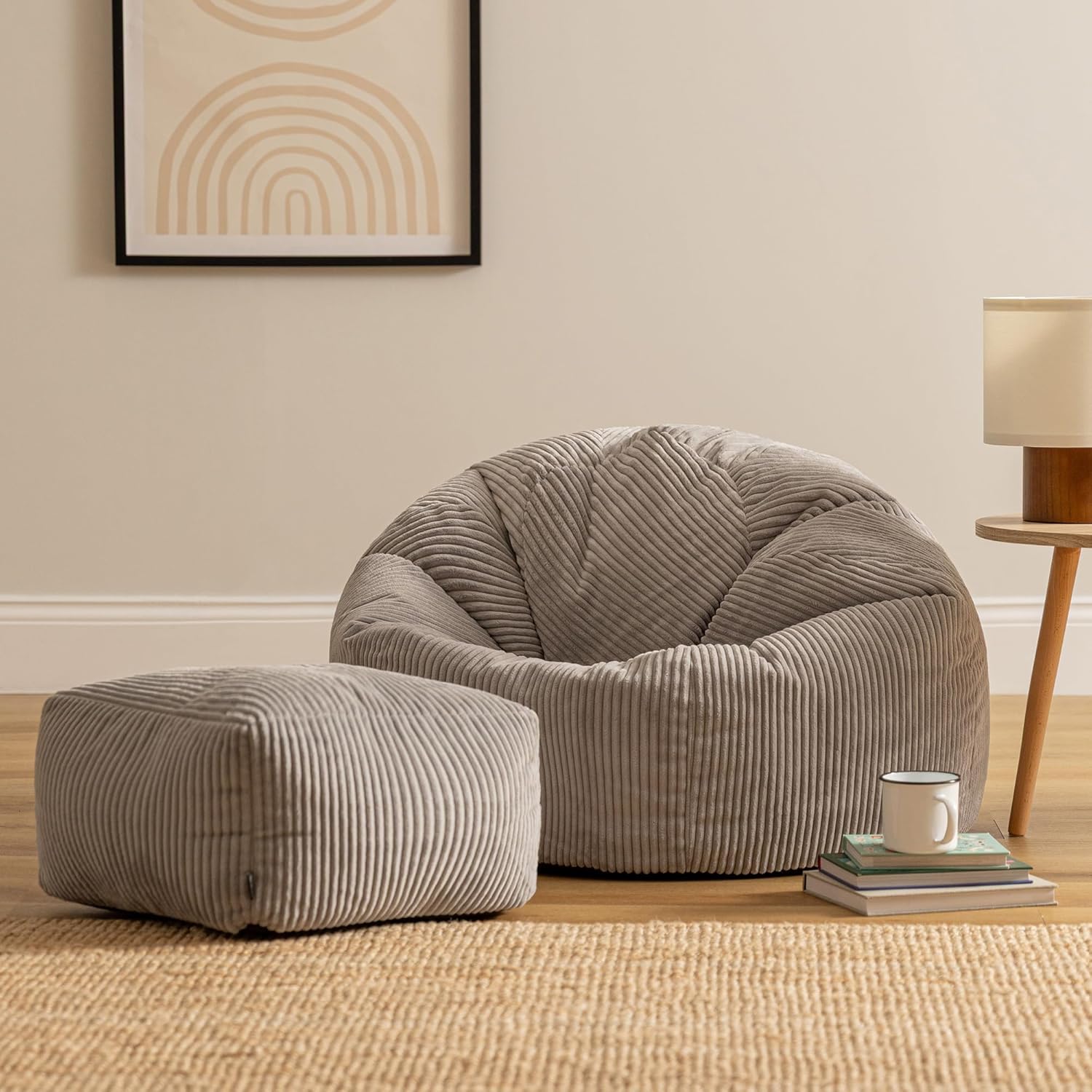 Icon Kingston Sitzsack mit Hocker Cord, Grau, Sitzsack Erwachsene mit Füllung, Bean Bag, Cord Sessel, Lounge Sessel, Lounge Stuhl, Schlafzimmer, Wohnzimmer, Wohnzimmer Möbel