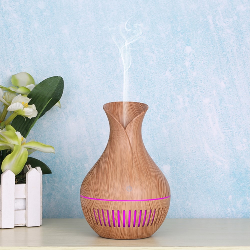 (130ml) Mini USB Ultraschall Luftbefeuchter Aroma Öl Diffuser in Holz Optik mit LED Beleuchtung- Hellbraun