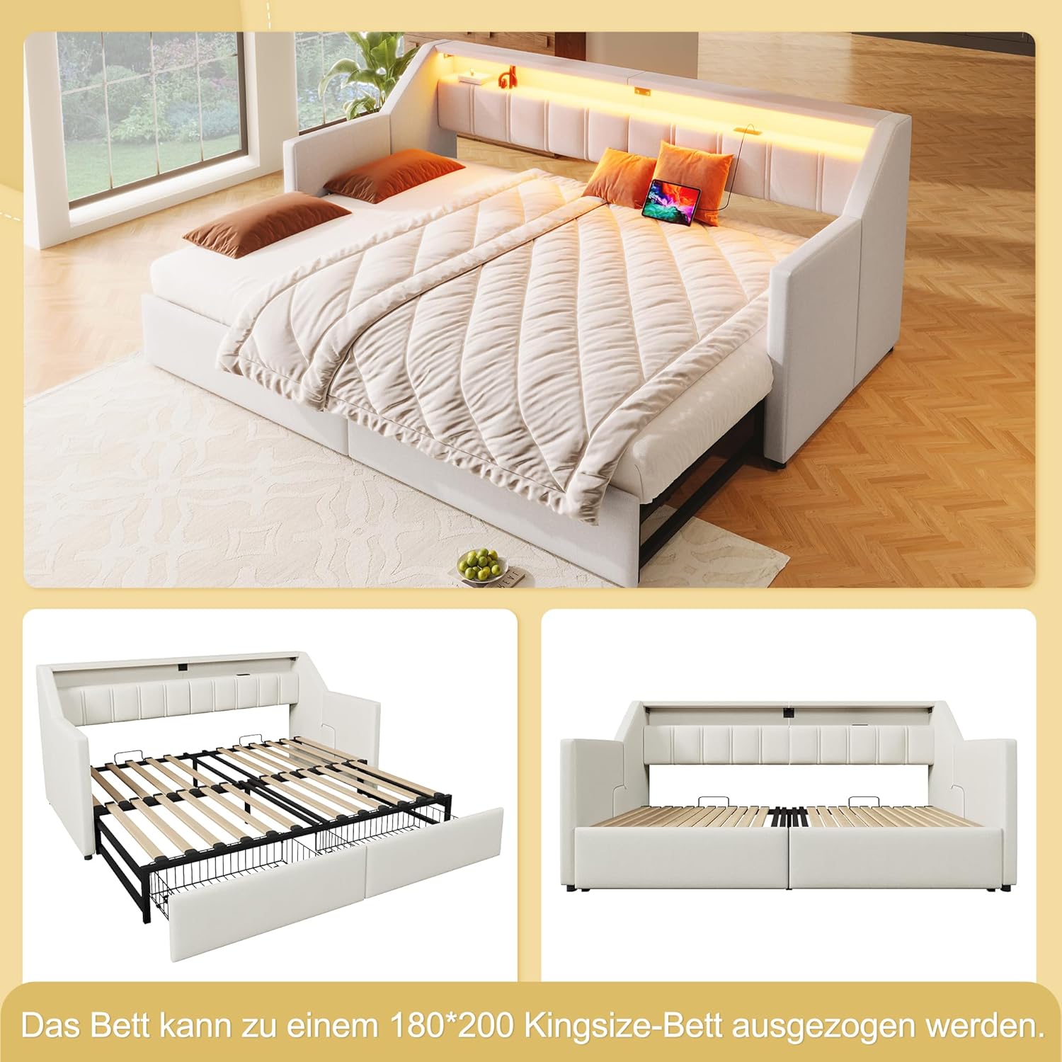 Polsterbett Tagesbett mit LED & USB Typ-C Ladefunktion, Ausziehbares Schlafsofa 90/180x200 cm, Multifunktionsbett Gästebett Einzelbett/Doppelbett mit 2 Schubladen & Lattenrost, Ohne Matratze, Beige