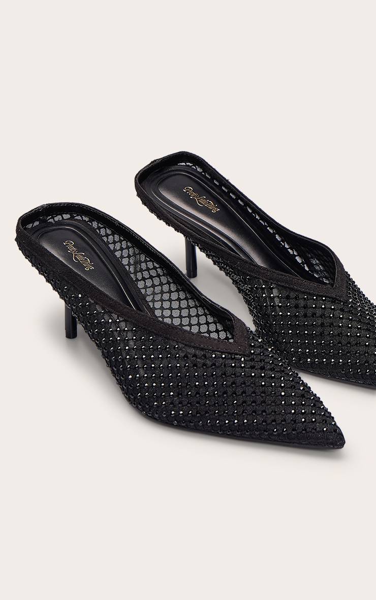 Noir Mules À Talon Avec Maille Ornée De Strass Et Découpe En V