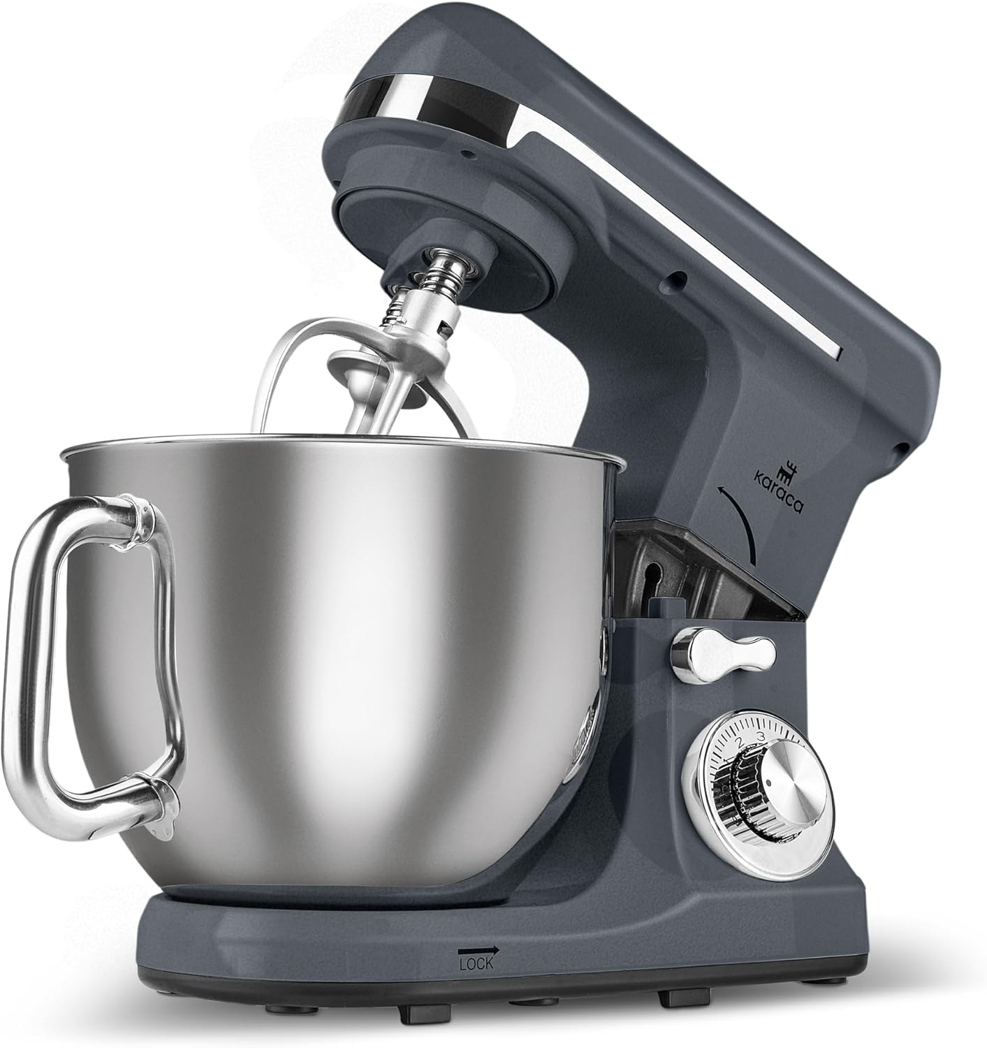 Karaca Blendburst Küchenmaschine, 6-stufige Geschwindigkeitsregelung, 5,7L Edelstahl-Schüssel, Doppelte Knethaken, Schneebesen, Flachrührer & Teighaken, Rutschfester Stand, Grau, 1400 W