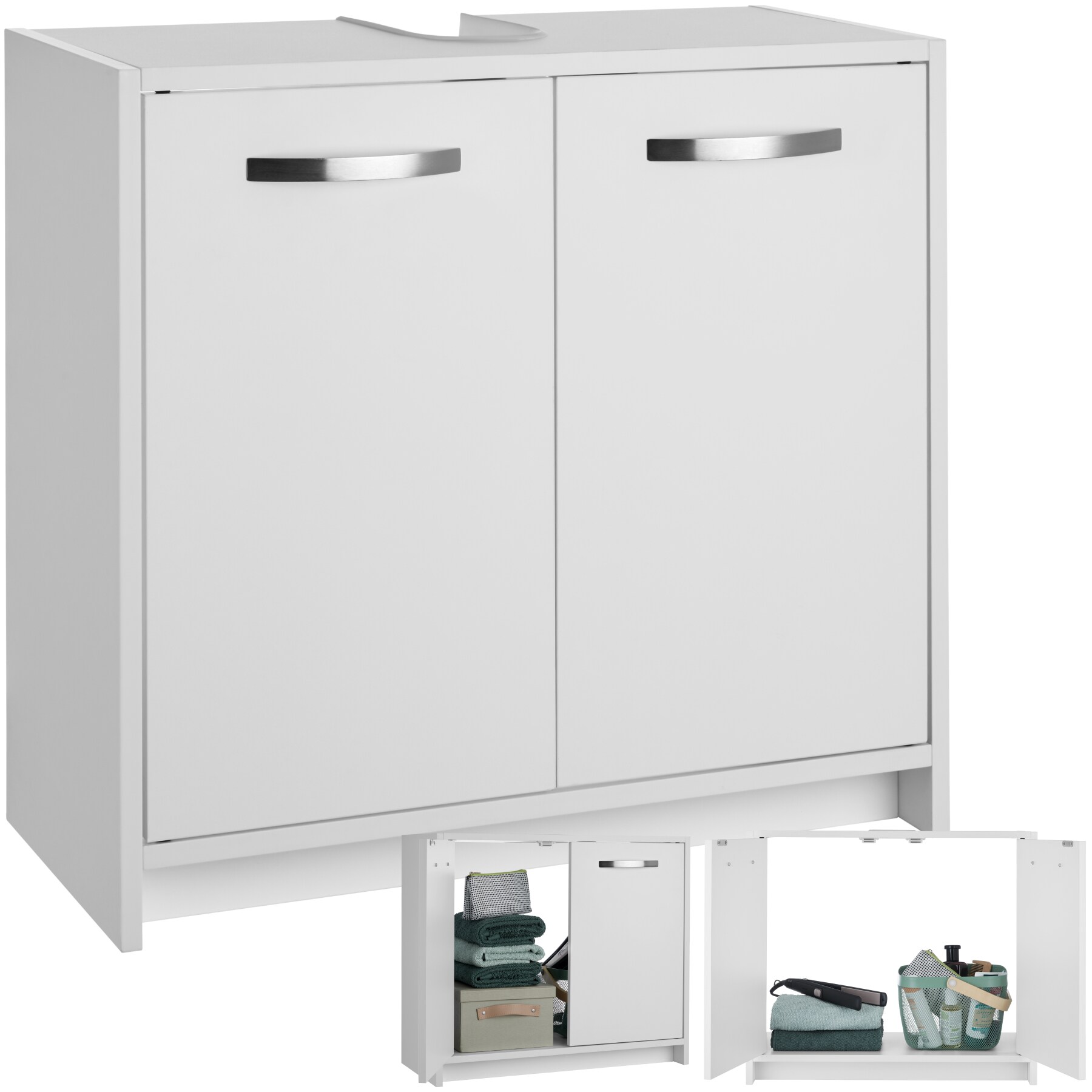 tectake® Waschbeckenunterschrank, großer Stauraum, 2 leichtgängige Flügeltüren, 63 x 31 x 55 cm