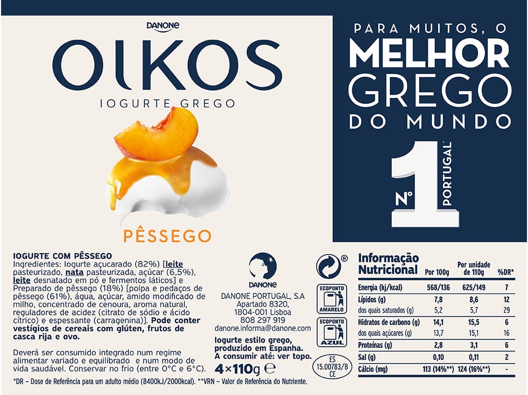 IOGURTE OIKOS DANONE GREGO PÊSSEGO 4X110G