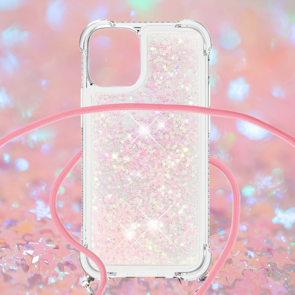 iPhone 13 Necklace Gummi Hülle Liquid Glitzer   Handykette (130cm) - Rosa