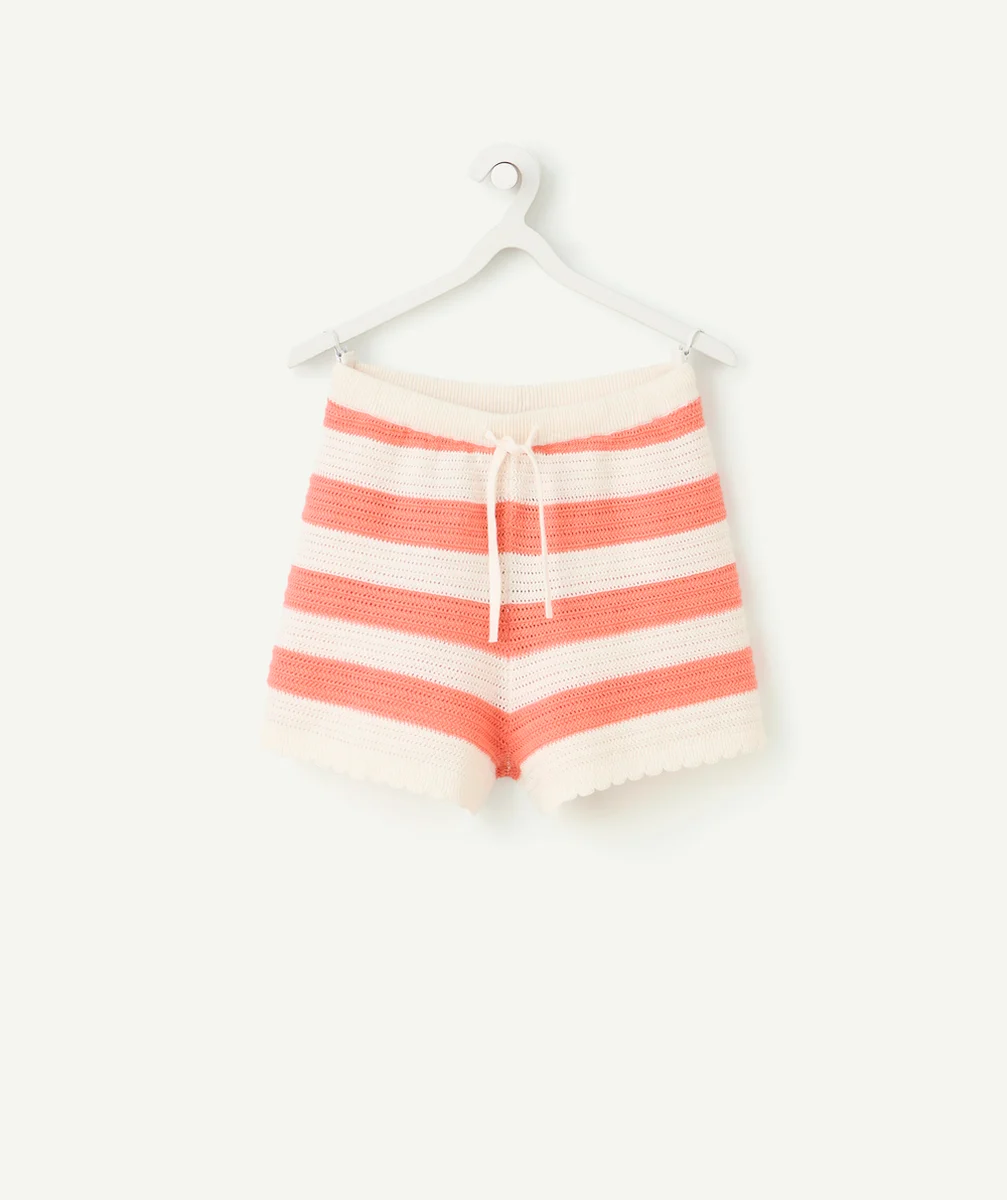 short tricot fille en coton bio rayé corail et blanc