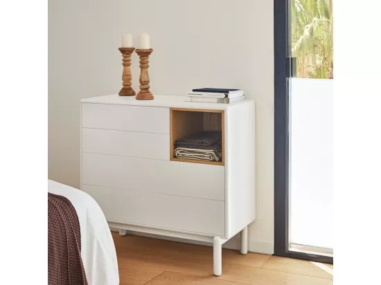 Corvo - Commode 4 tiroirs 1 niche en bois L90xH90cm : Couleur - Blanc
