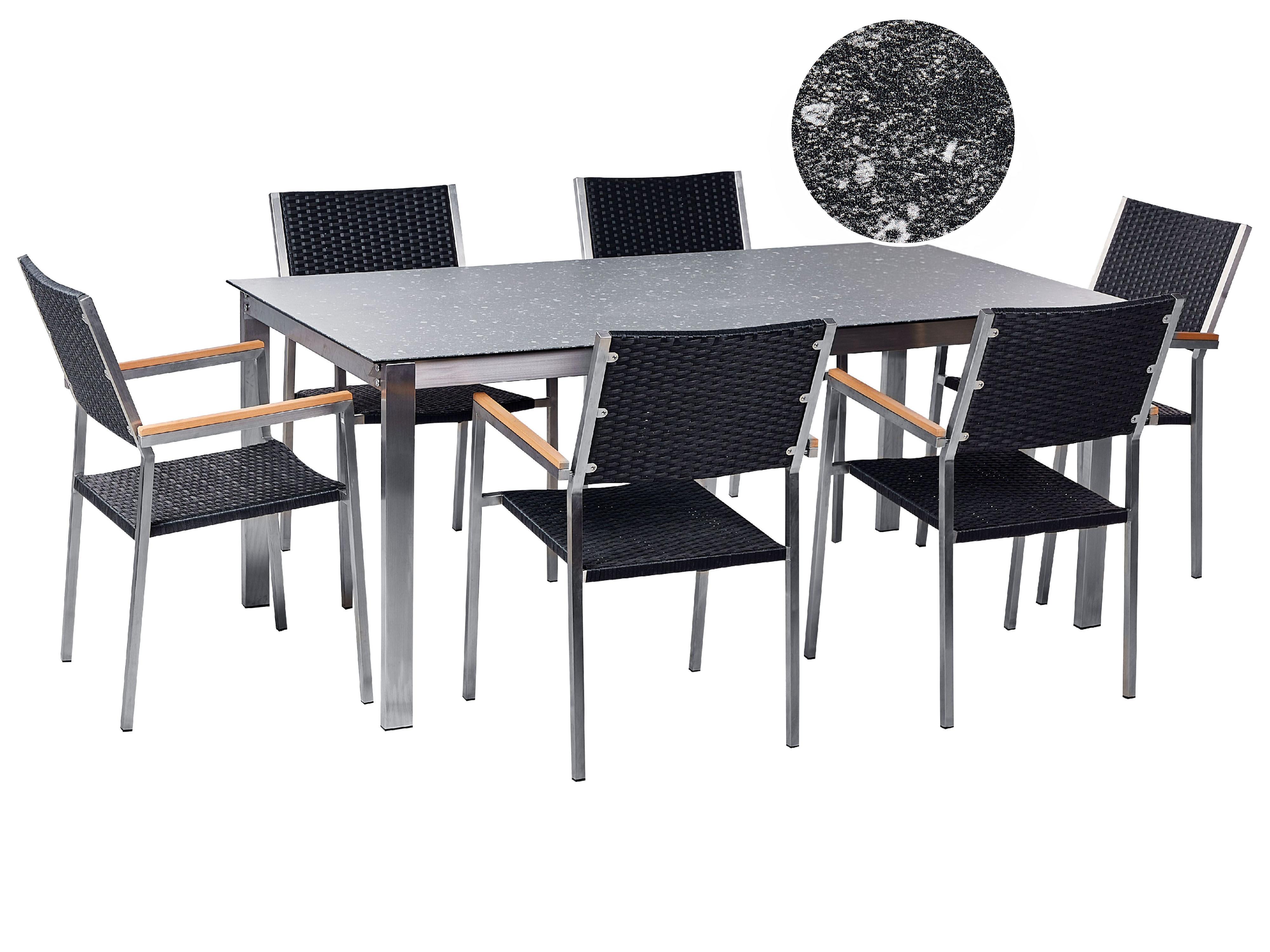 Tuinset 6-zits COSOLETO/GROSSETO Veiligheidsglas Granieteffect Zwart
