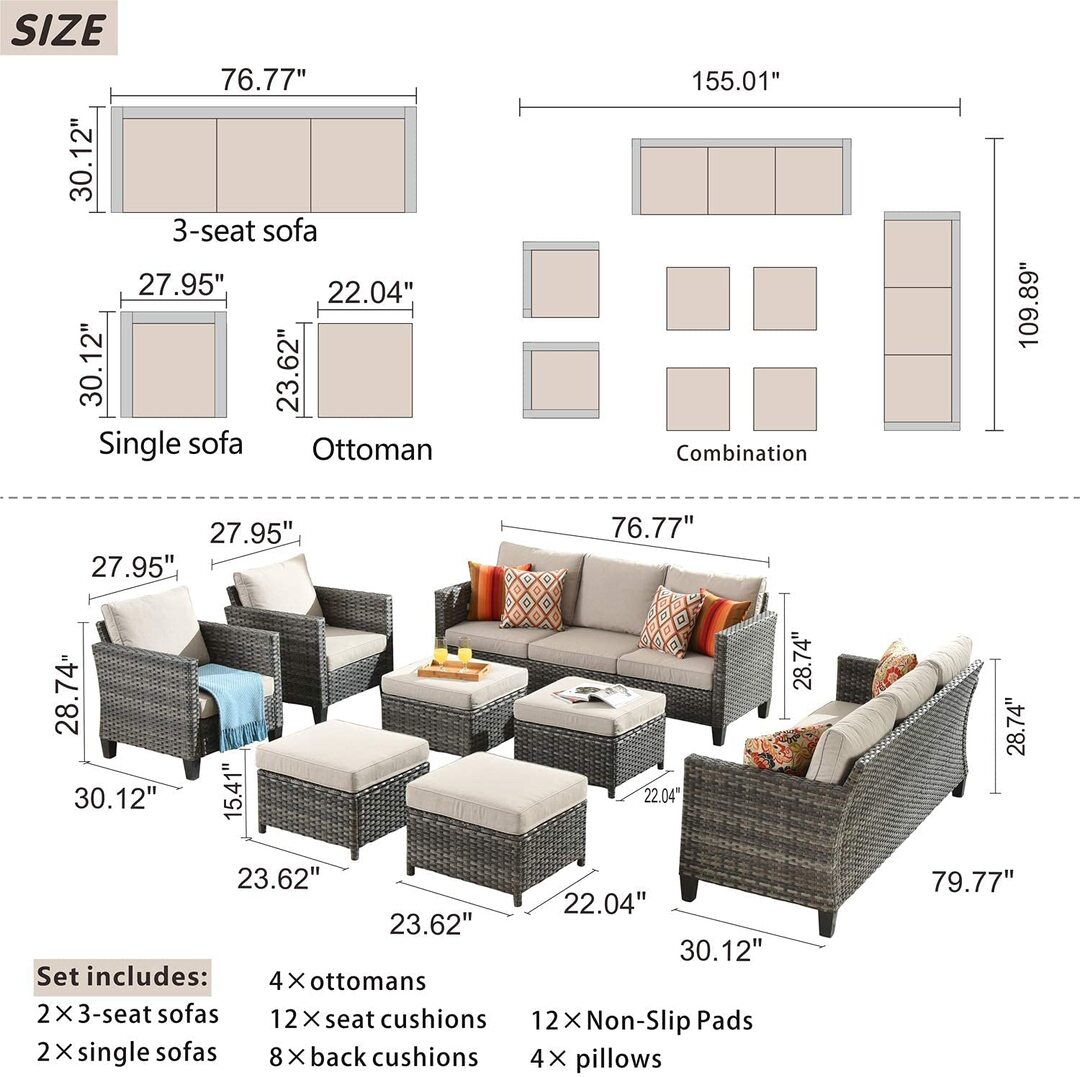 Patio Furniture 8 PCS Hight Back Outdoor Furniture Sets Modern Wicker Patio Furniture Conversation Sets with 4 Pillows All Weather Garden Patio Sofa