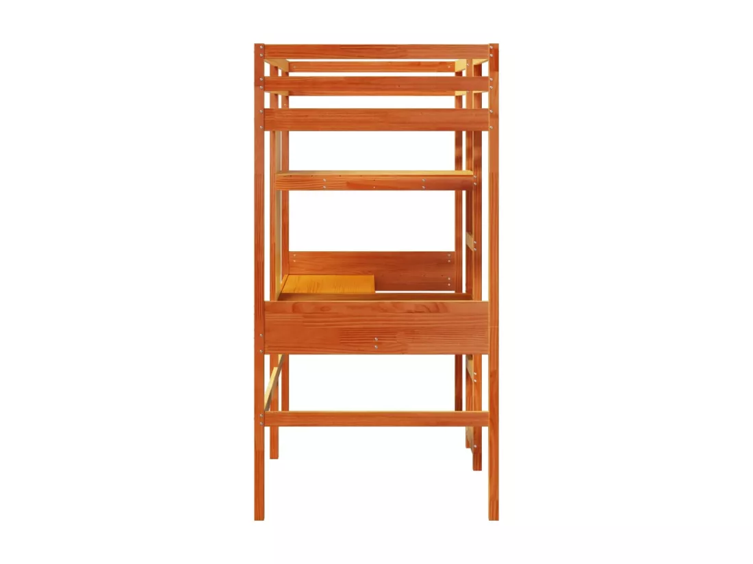 Lit mezzanine avec bureau et étagères brun cire 90x200 cm pin