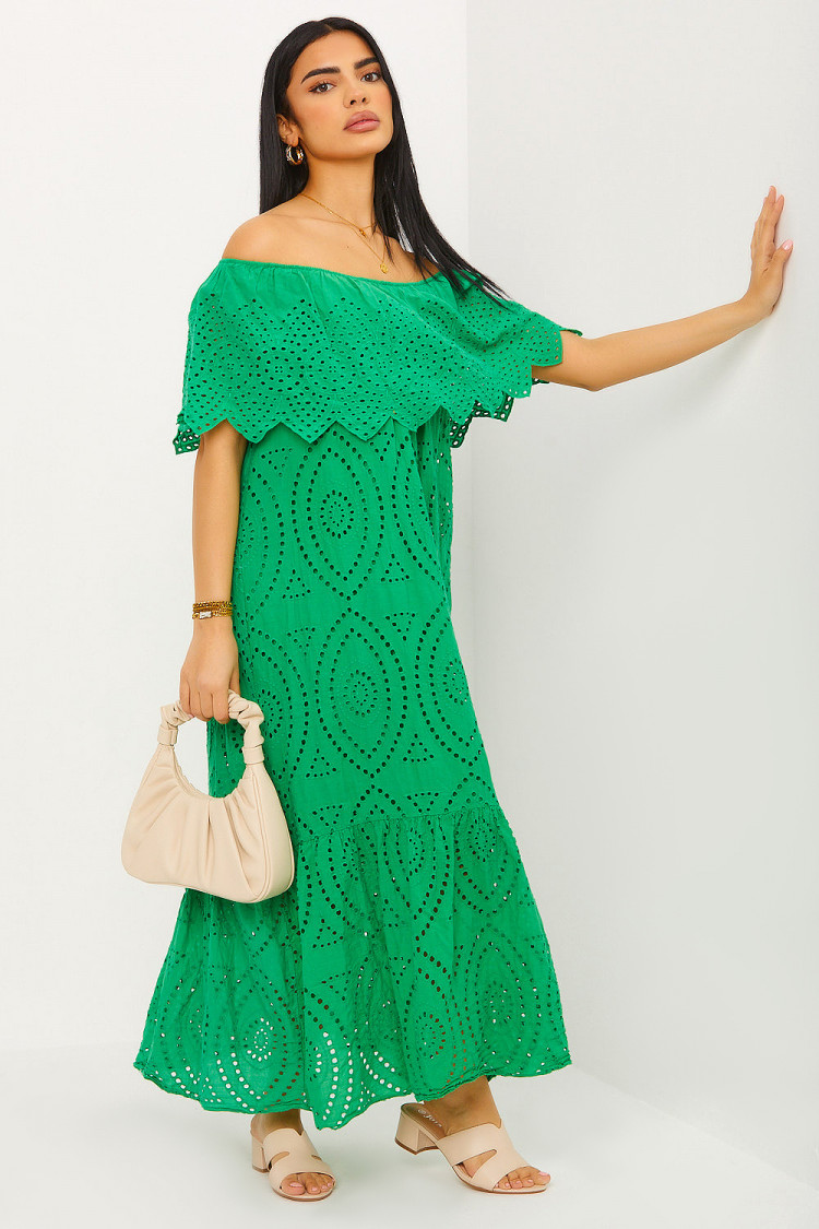 Robe verte col bardot en crochets