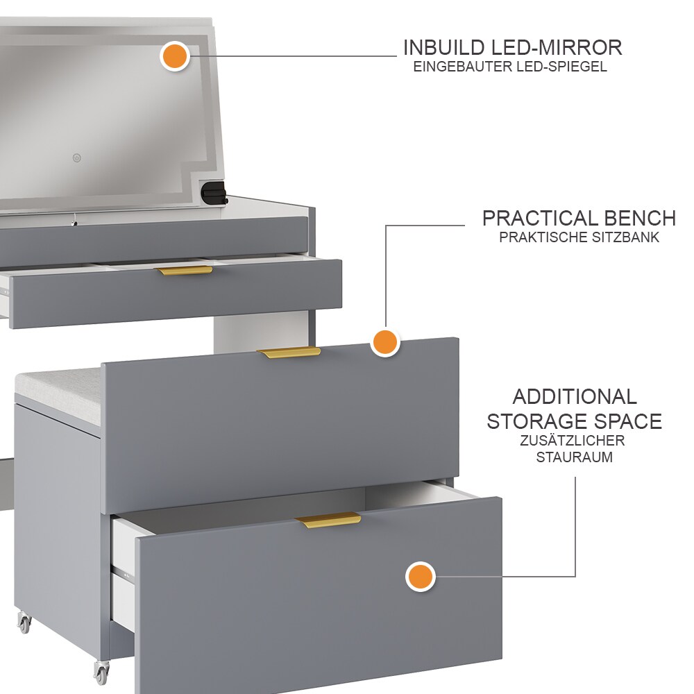 Vicco Schminkkommode Wanja Grau 80 cm mit Bank und LED-Spiegel