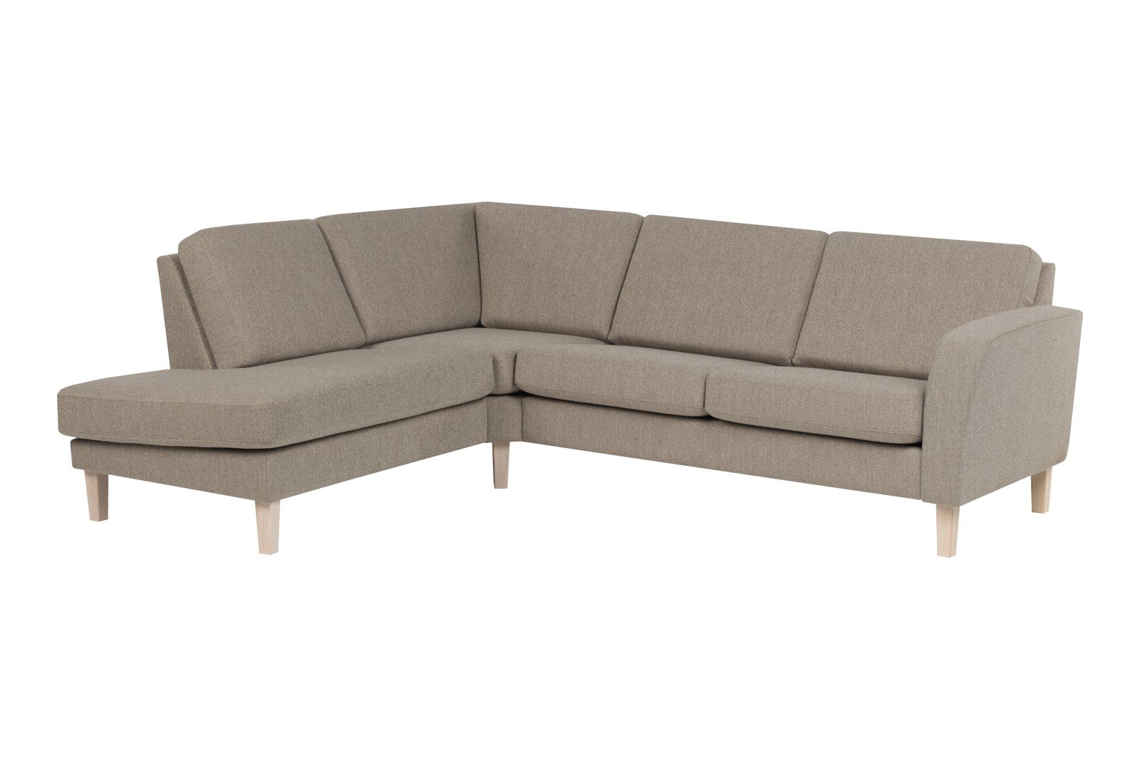 Slogen hjørnesofa Oppsett AV. 2,5-seter med åpen ende venstre. Tekstil Viva Earth med standard ryggpute. Vange A og hvitpigmentert ben 178.