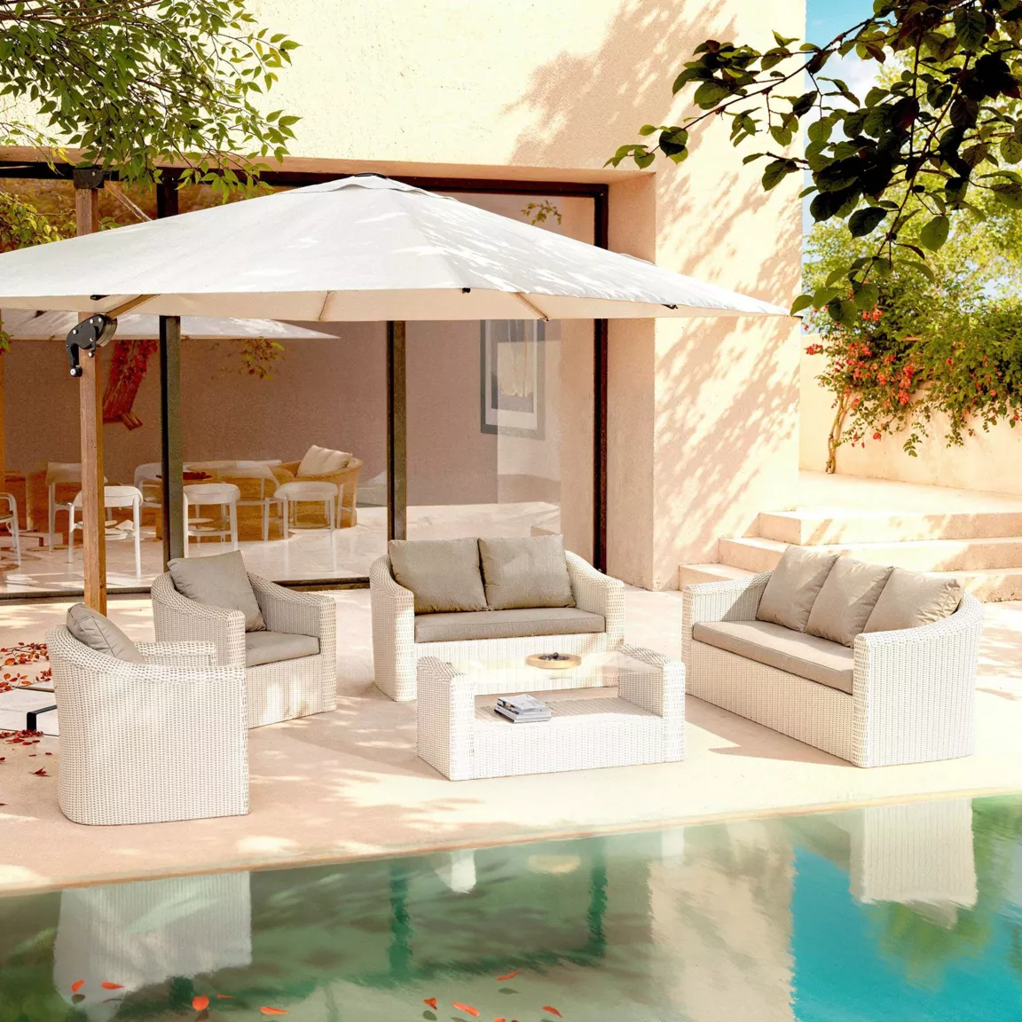 Salon de jardin en résine tressée 7 places 5 pcs Calvi Blanc et taupe