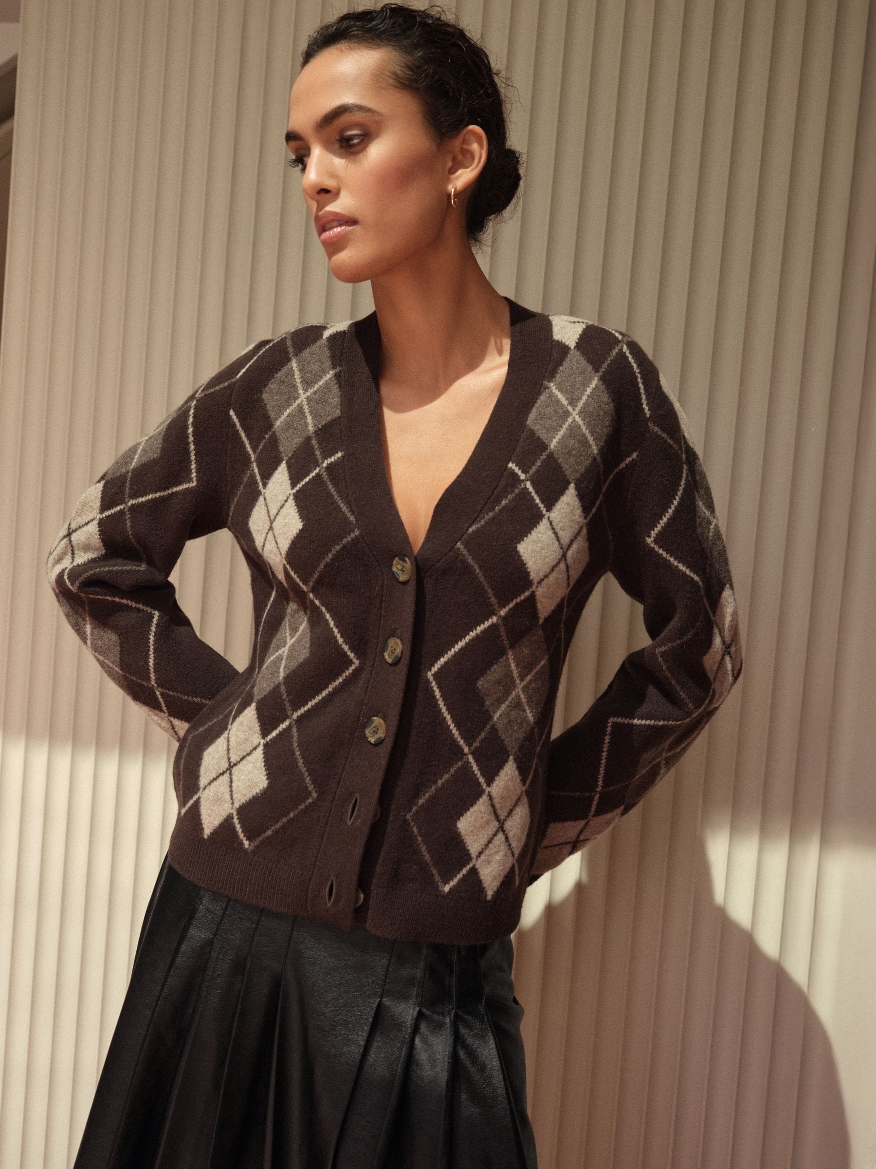 Chocoladebruine Argyle-patroon - 100% merinowollen N. Premium vest
