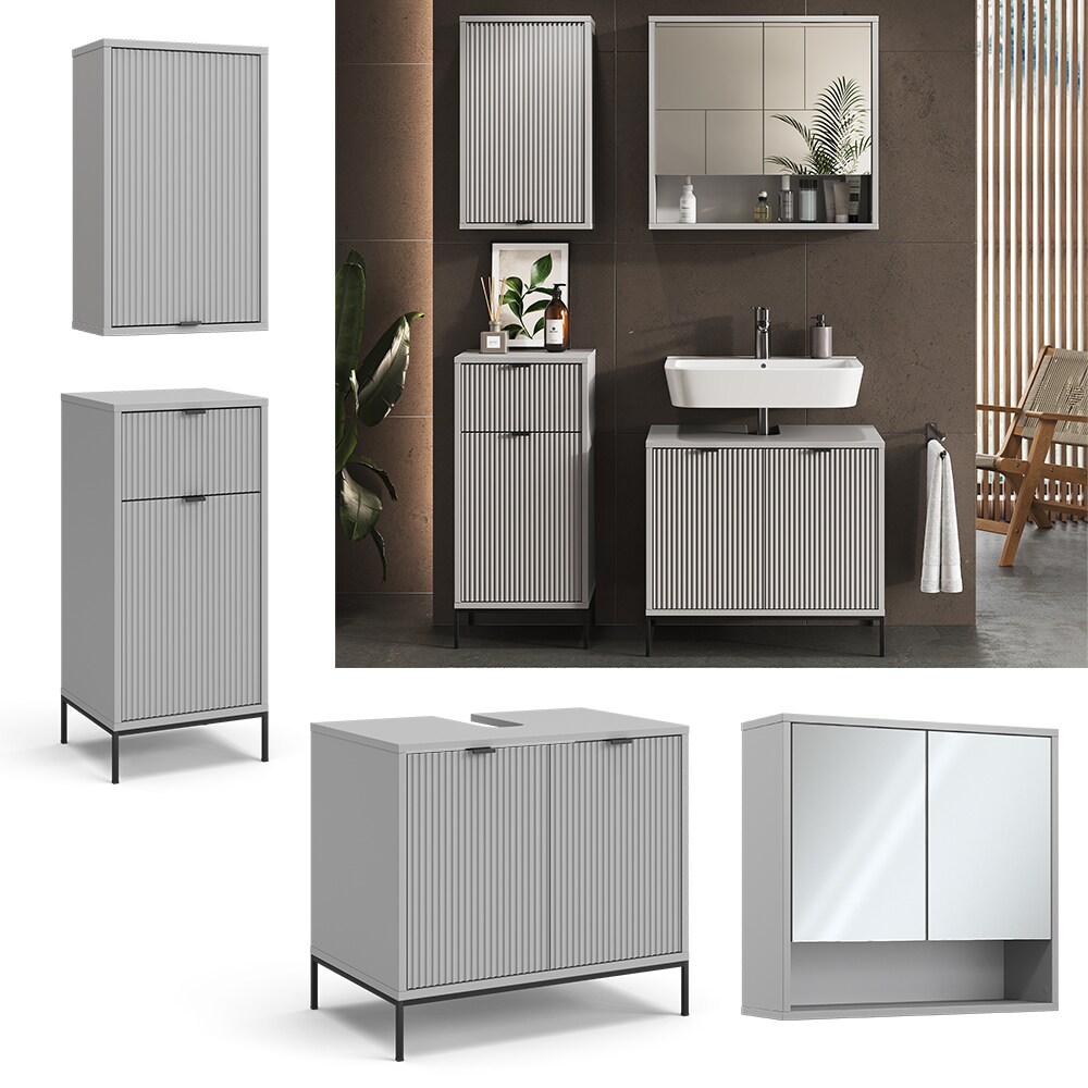 Vicco Badmöbel-Set Eliza, Grau, Badezimmer, moderne Badserie, extravagante Fronten, Waschtischunterschrank, Spiegelschrank, Midischrank, Hängeschrank