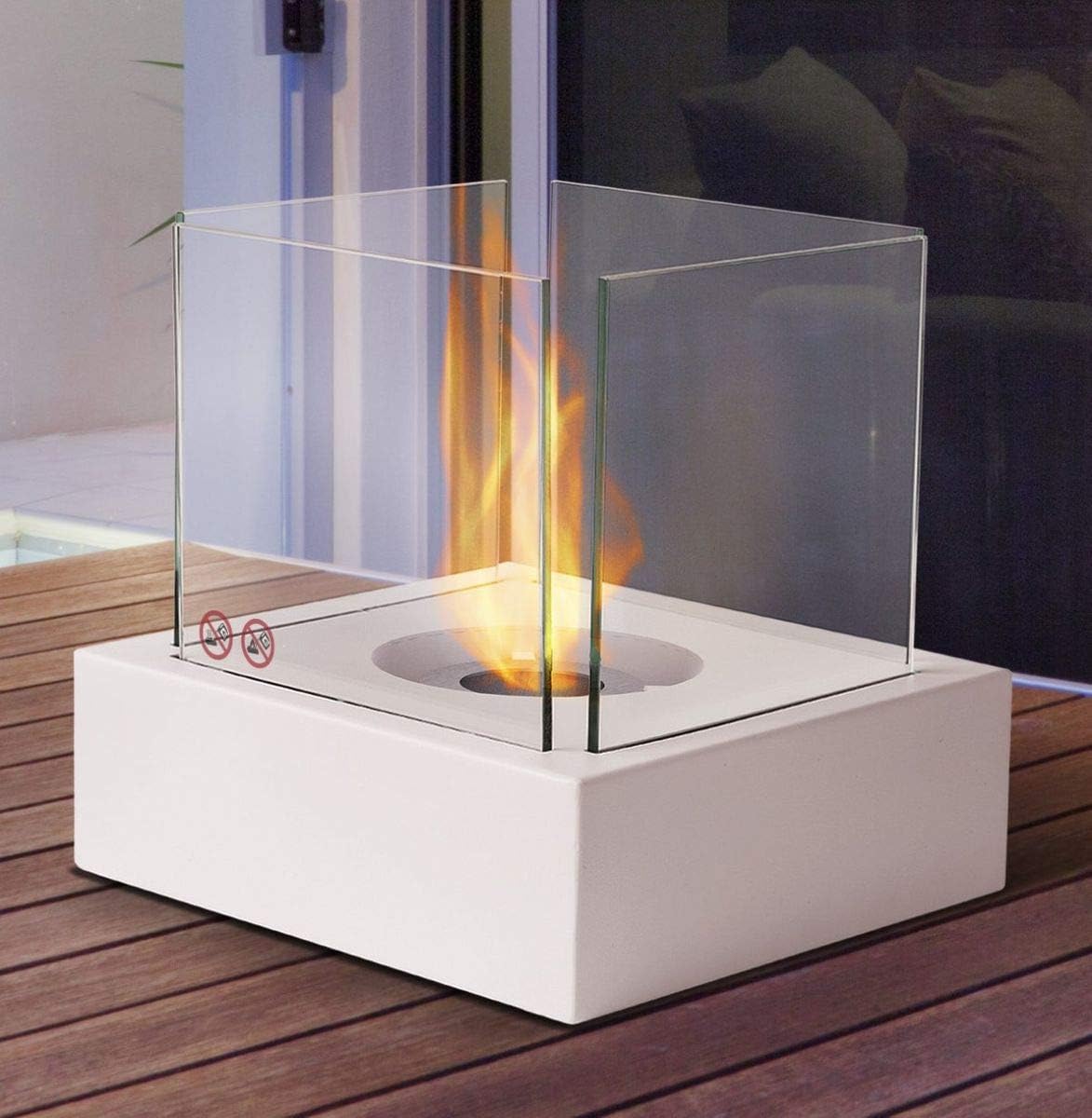 CV Tischfeuer Bio-Ethanol Glaskamin Tischkamin Glasfeuer Weiss eckig