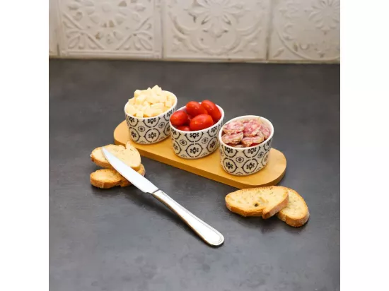 ~ Set apéritif tapas 3 verrines en bambou et céramique blanc et marron 33.5 x 10 cm