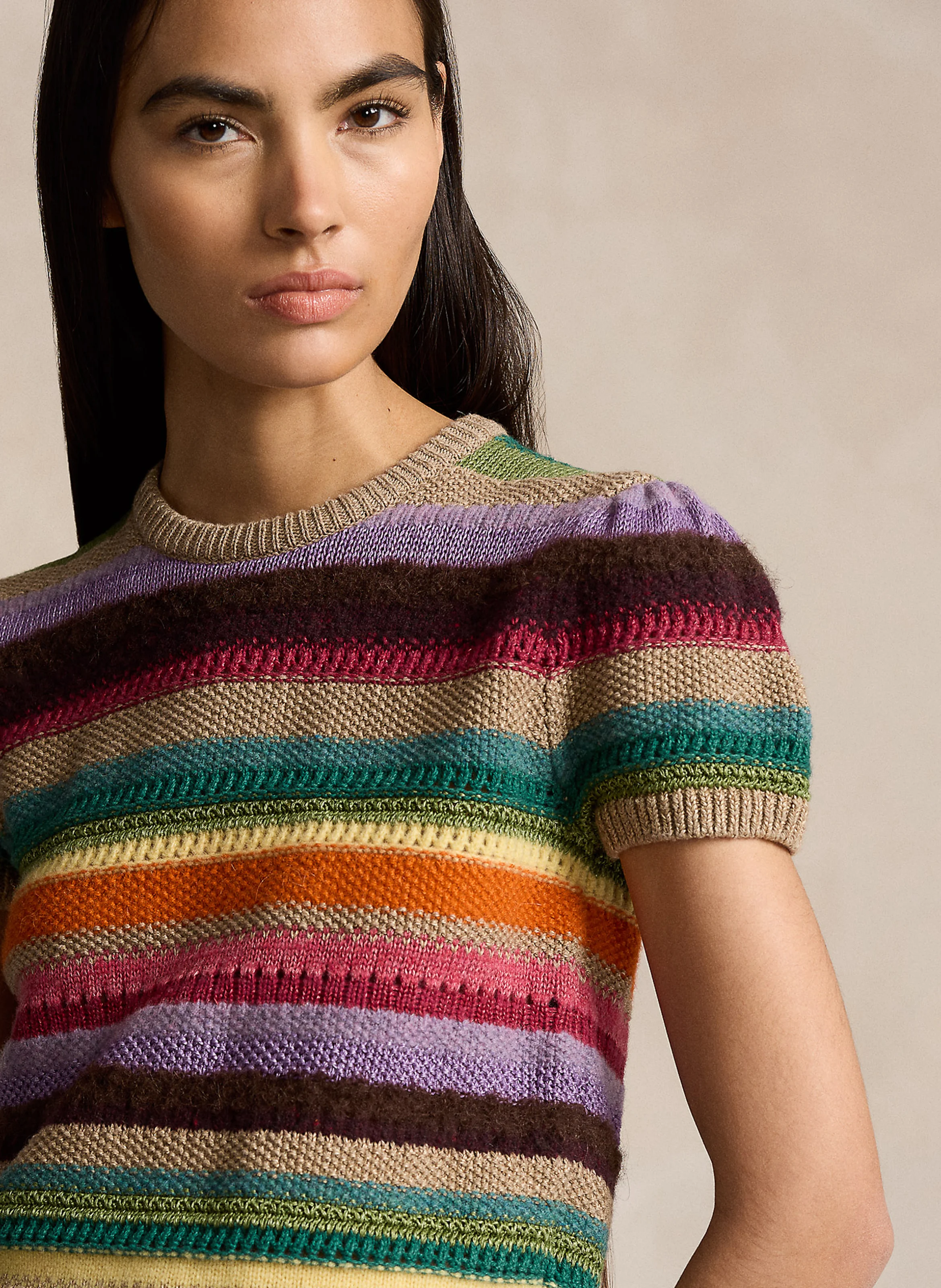 Pull manches courtes rayé en laine et coton | Multicolore