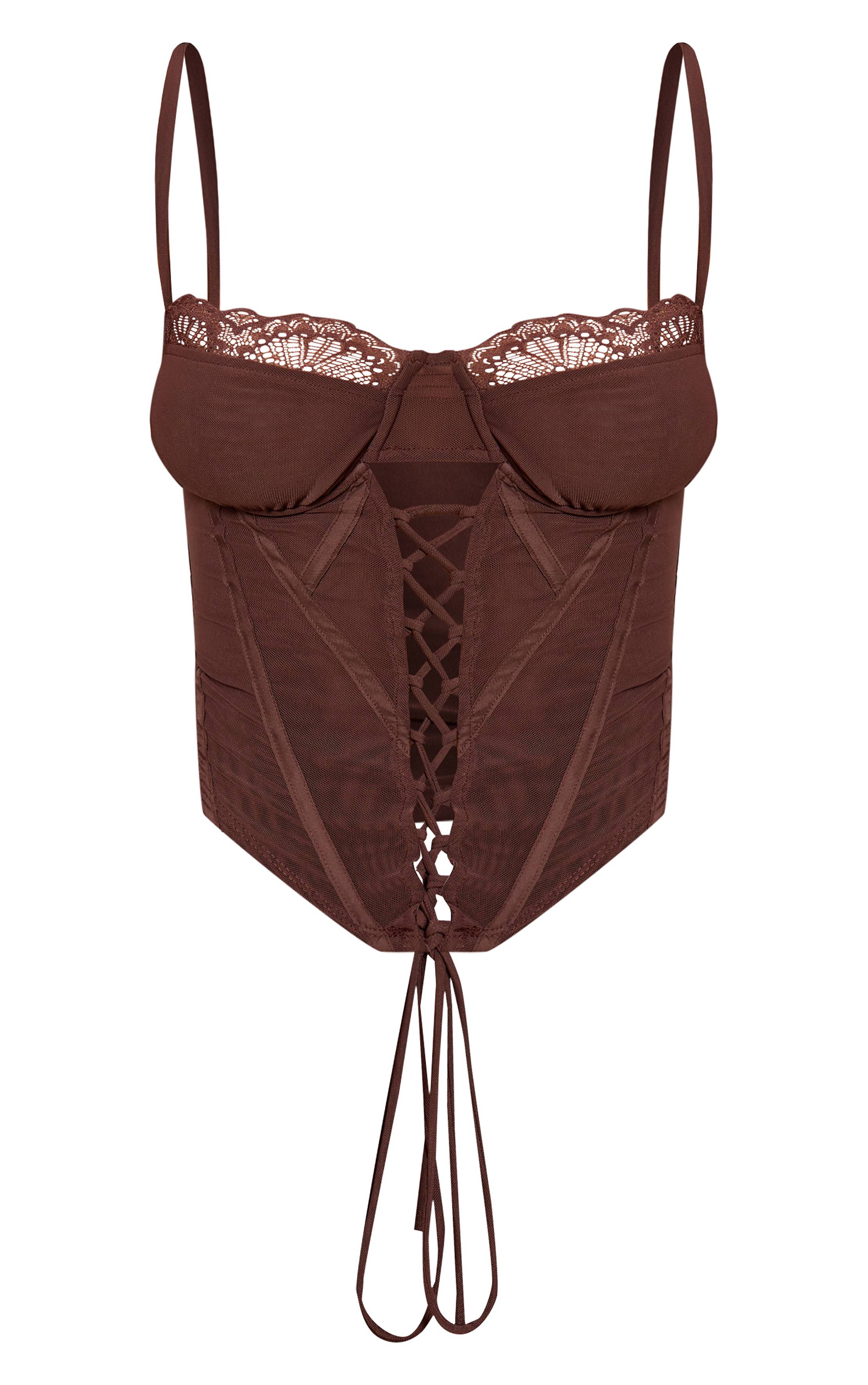 Chocolat Corset Galbant En Mesh À Lacets Avec Finition Festonnée