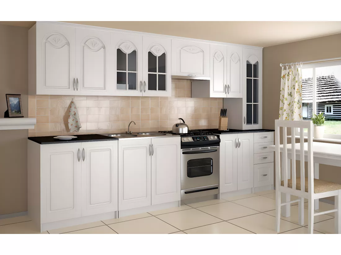 Cuisine complète de 3m20 DINA blanche avec moulures