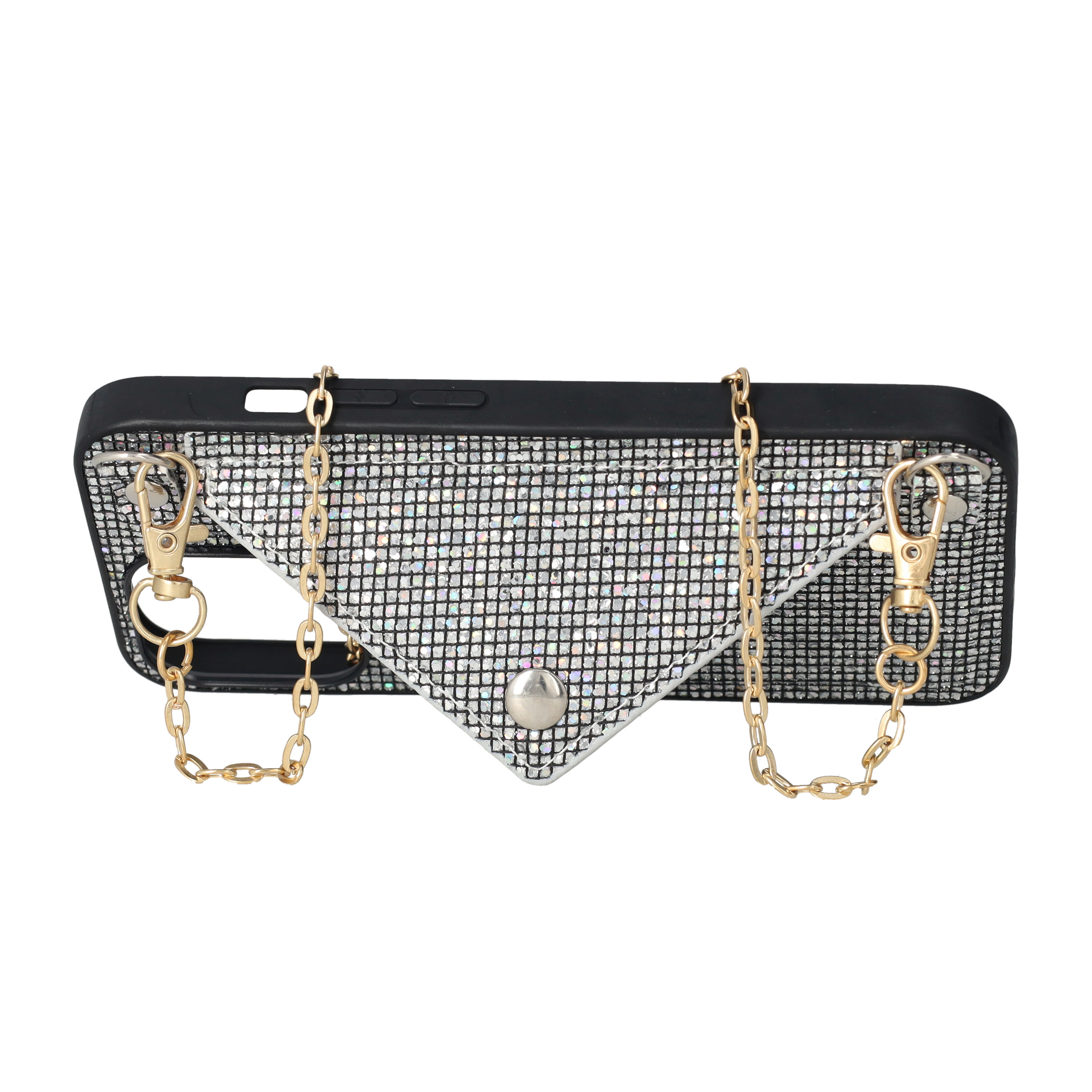 iPhone 13 Pro Necklace Schutz Hülle mit Kartenfach   Handykette (115cm) - Schwarz (Glitzer)