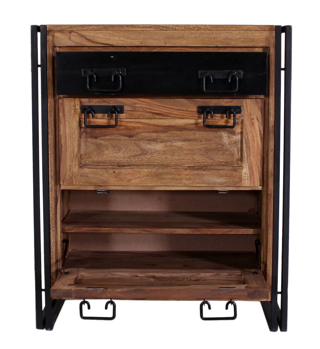 Schuhschrank 80 x 96 cm Natur-Akazienholz massiv/ schwarz