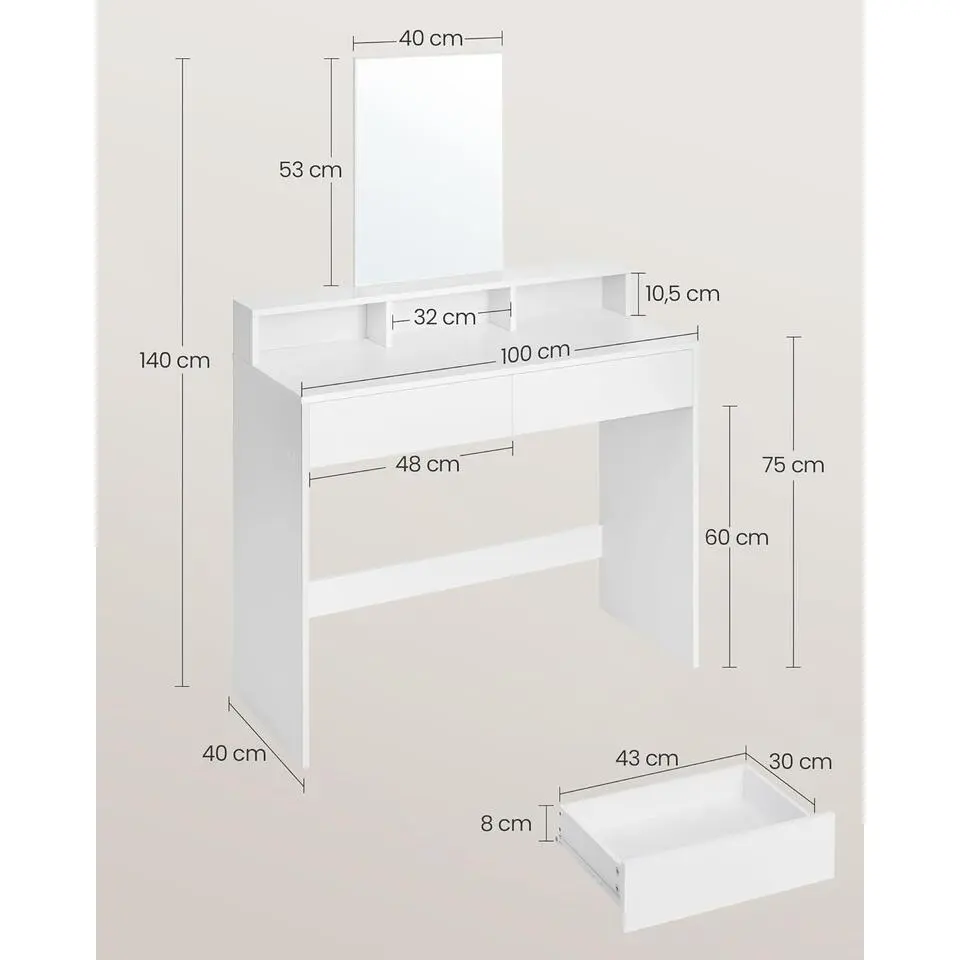 Furnihaus Kaptafel met rechthoekige spiegel en 2 lades, cosmetische tafel