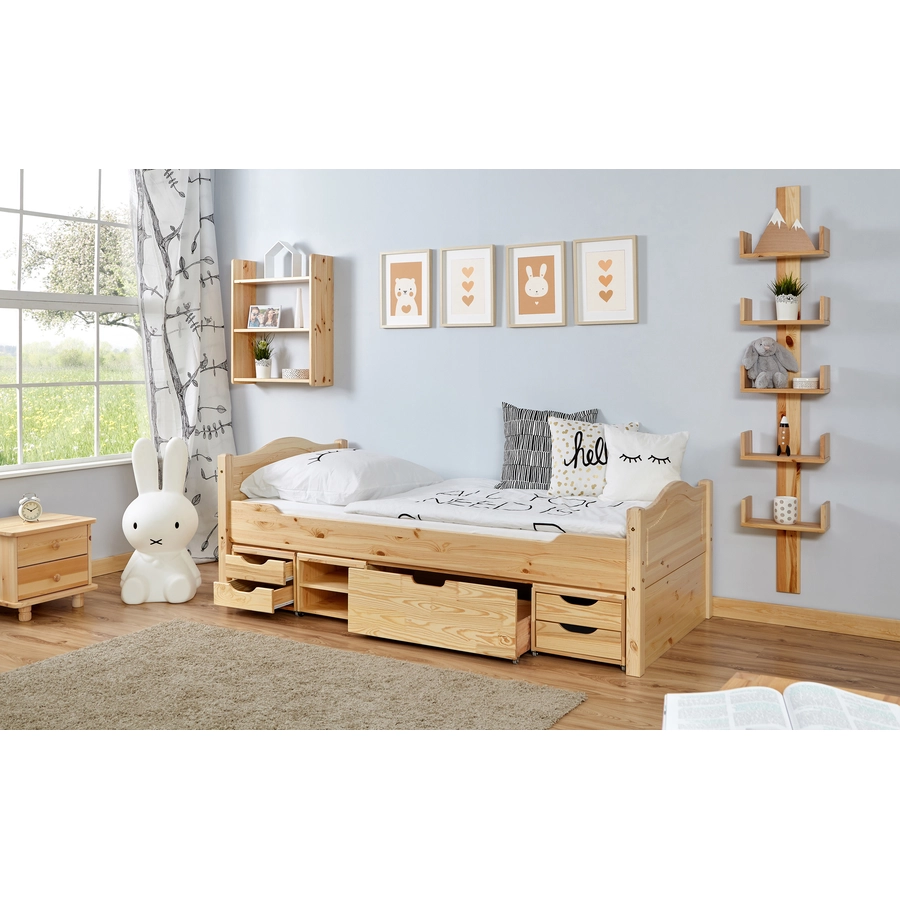 TiCAA Einzelbett Leni 90 x 200 cm Kiefer natur mit 4 Funktionsschubladen