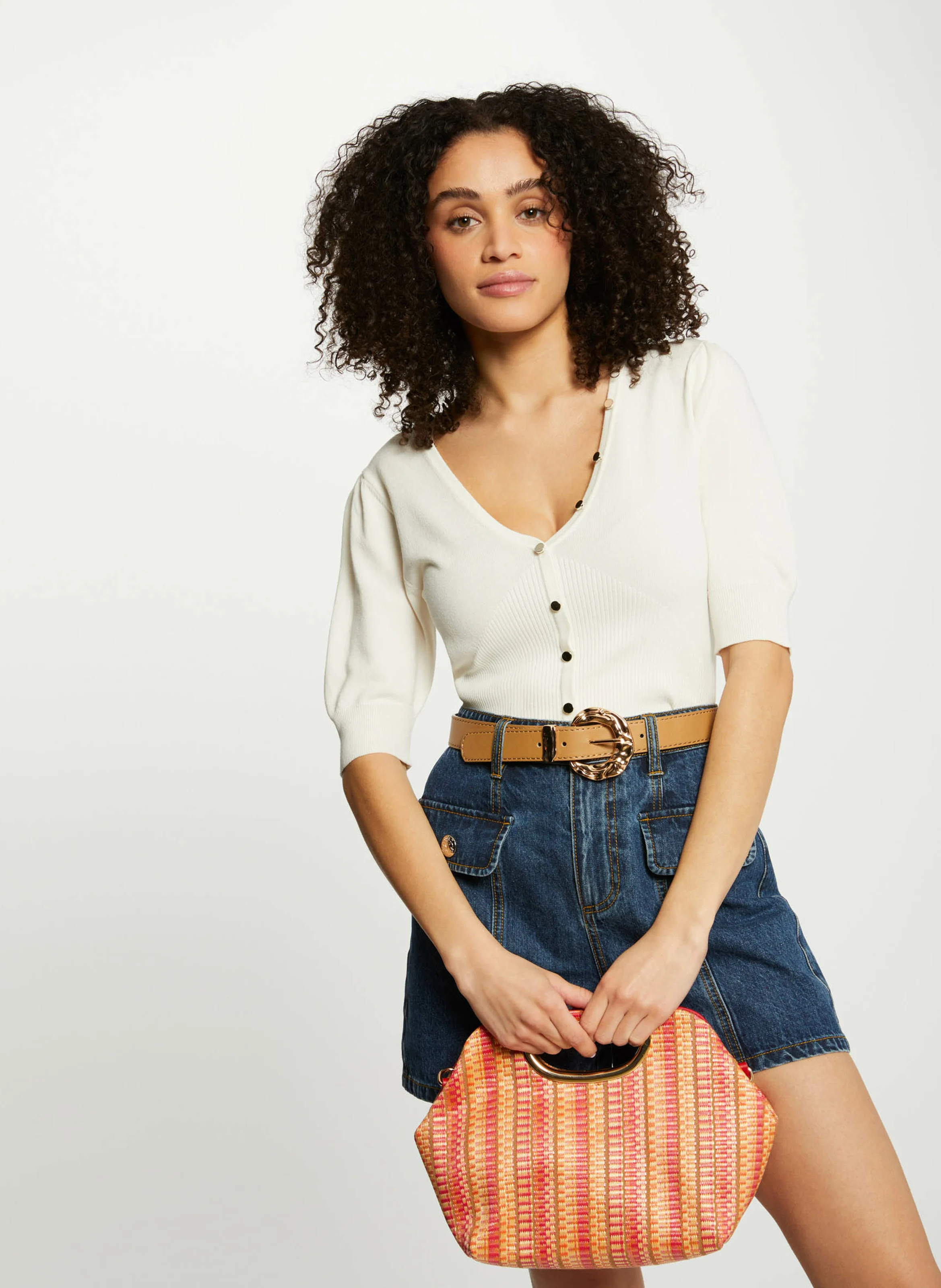 MANIHI - Pull ajusté manches courtes boutonné | Beige
