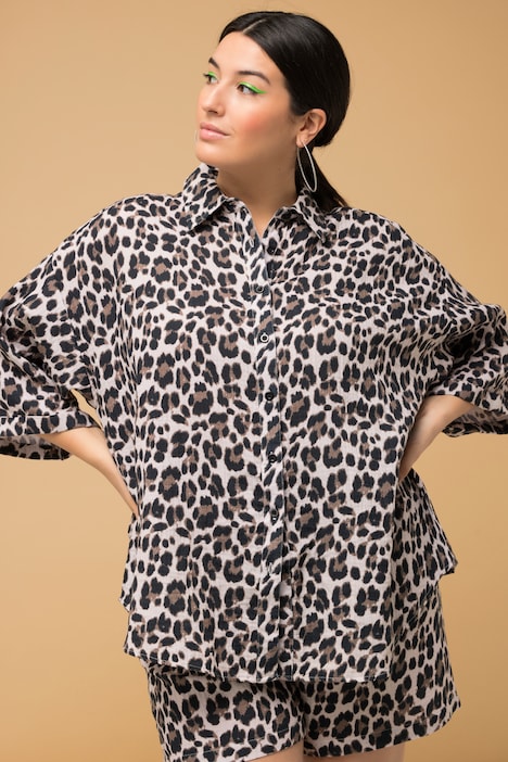 Bluse, oversized, Musselin, Leo, Hemdkragen, Halbarm