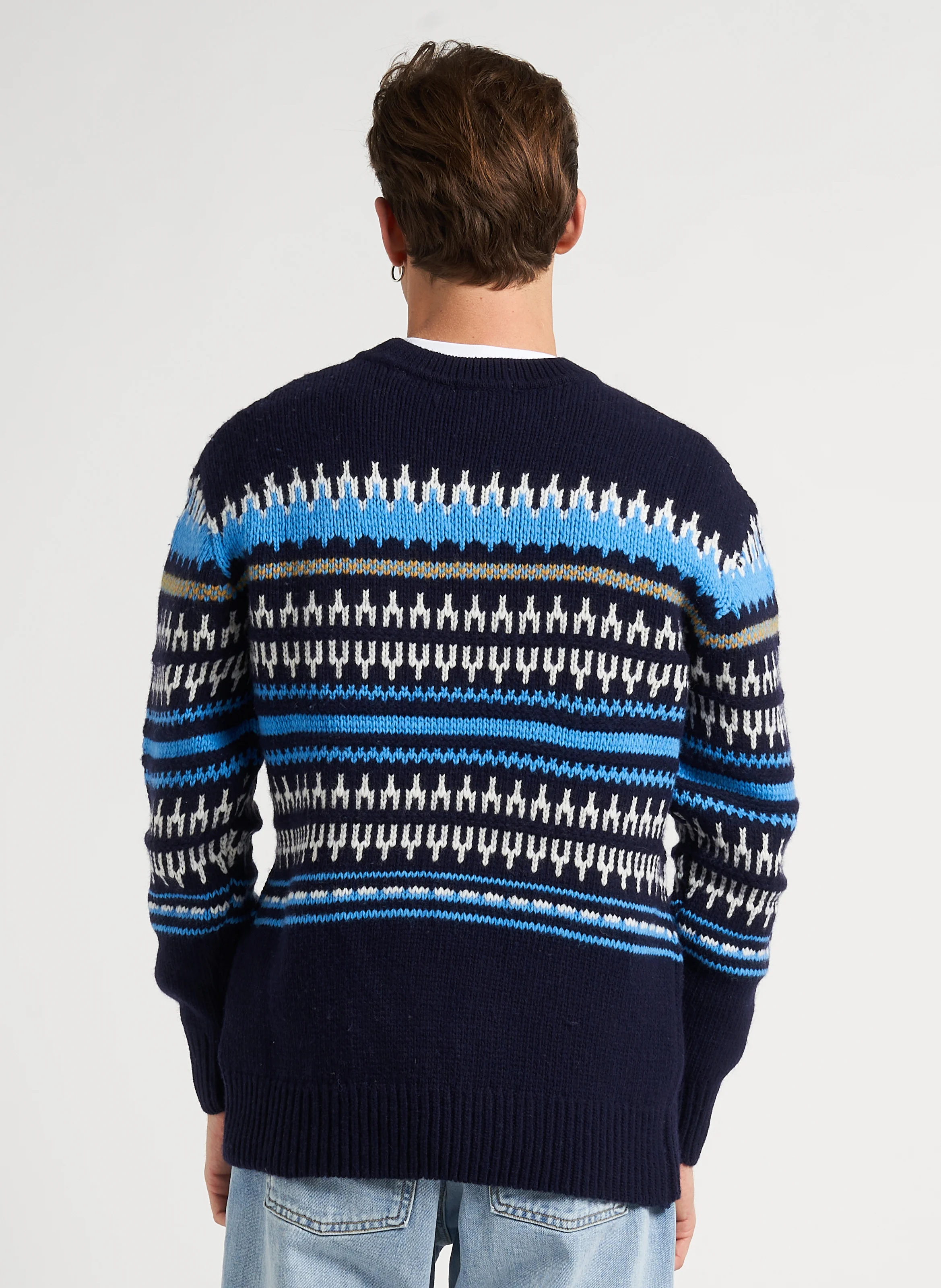 Pull col rond imprimé en laine| Bleu