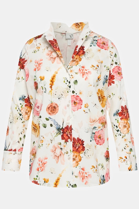 Bluse, Blumen, Kelchkragen, V-Ausschnitt, Langarm