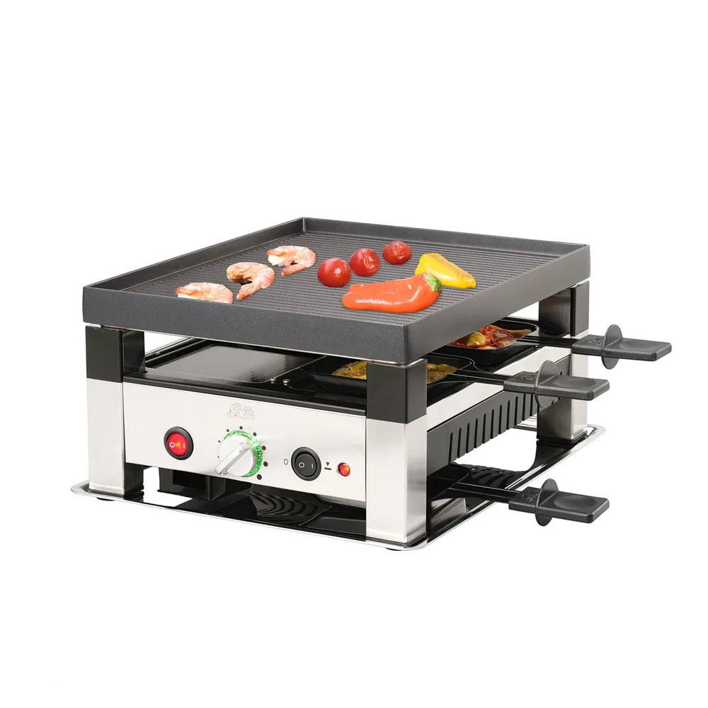 4in1 Raclette & Pizza Grill Crêpes Tischgrill mit Anti-Haft Platte inkl. Pfännchen / Schaber / Pizzateig Ausstecher (97760)