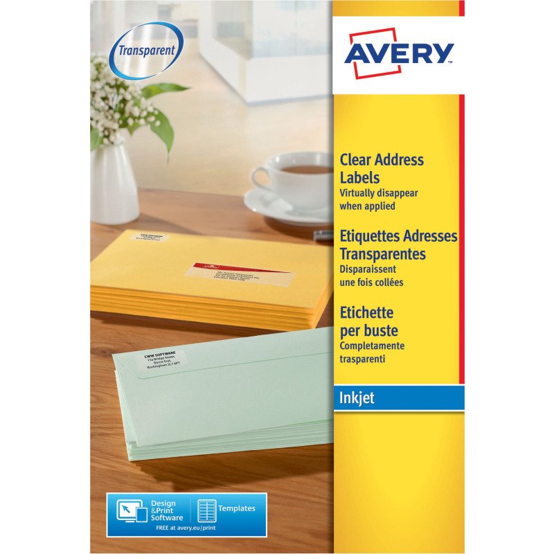 Etiquette adresse jet d'encre 63,5 x 38,1 mm Avery J8560-25 transparente - Pochette de 525