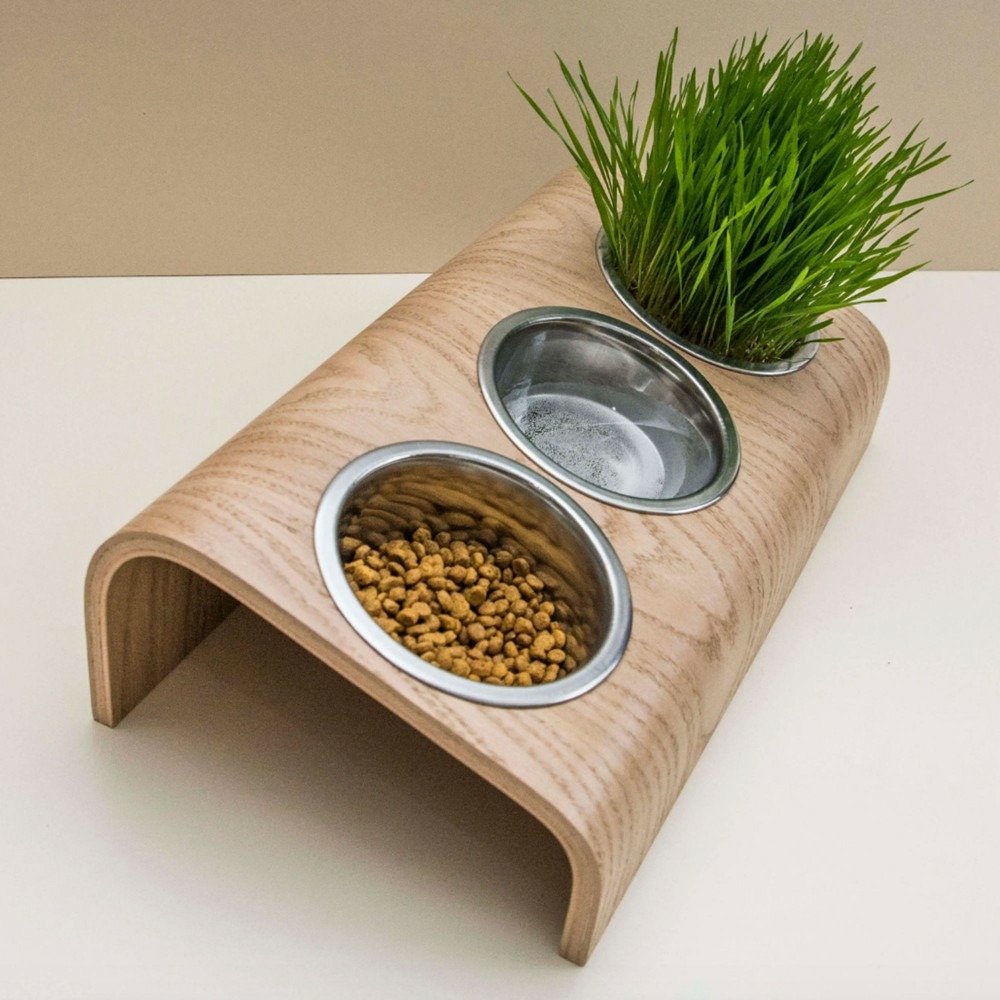 Buvo - set ergonomique 3 gamelles en acier, socle bois chêne, 43x24x14cm