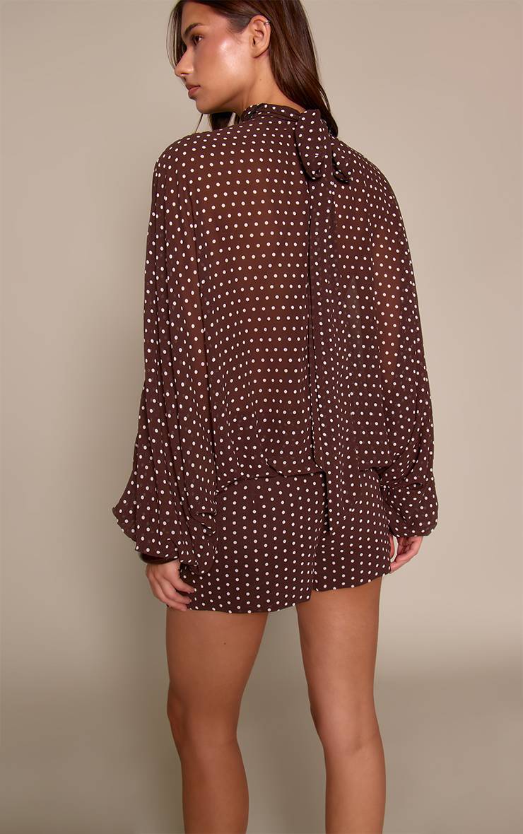 Marron Ensemble Coordonné Short Taille Haute En Mousseline À Pois