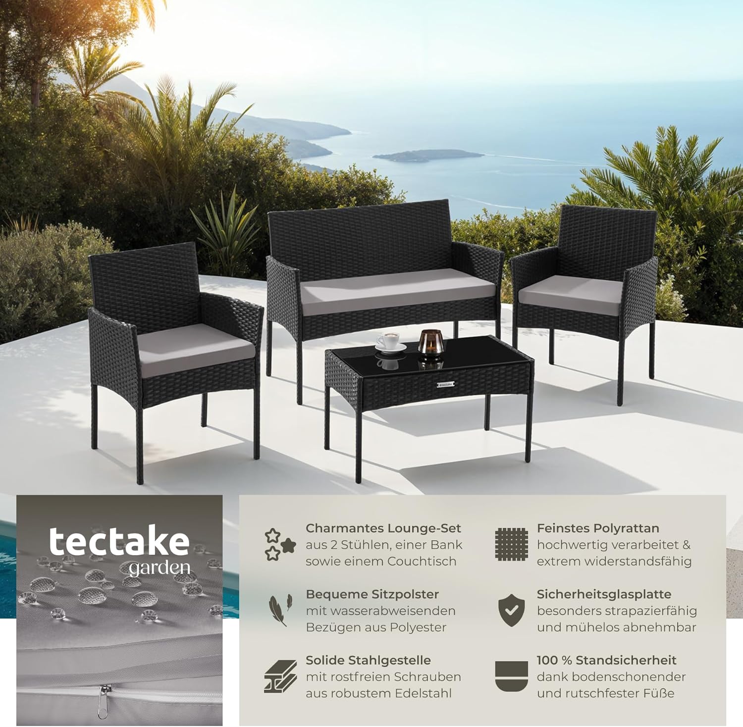 tectake® Rattan Gartenmöbel Set, Outdoor Lounge Möbel,1x Gartenbank, 2X Stuhl, 1x Balkontisch, mit Outdoor Kissen wetterfest, Balkonmöbel Kleiner Balkon, Lounge Gartenmöbel, Terrassenmöbel - schwarz