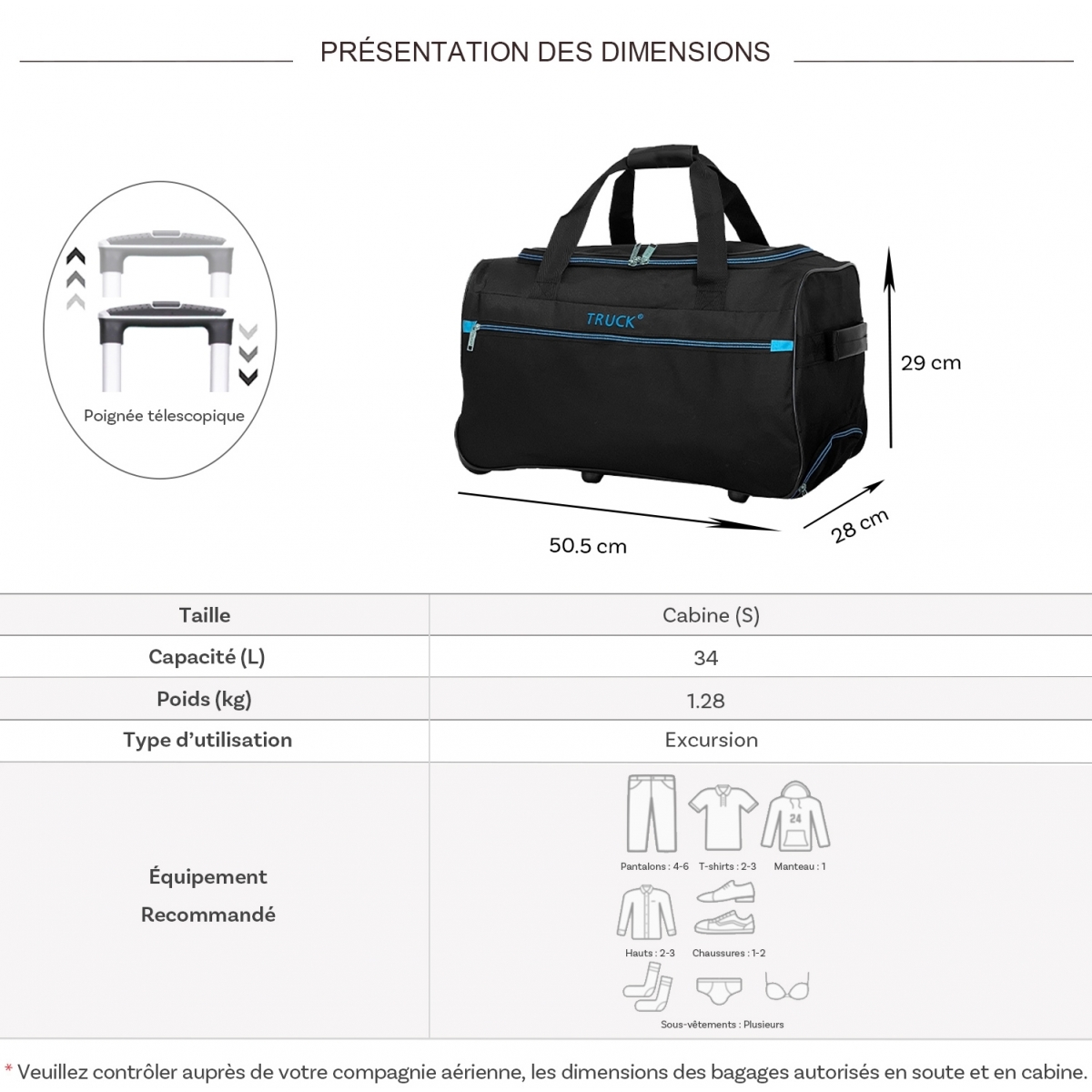 Truck Sac de voyage cabine avec roulettes 34L Truck polyester taille S 50.50cm